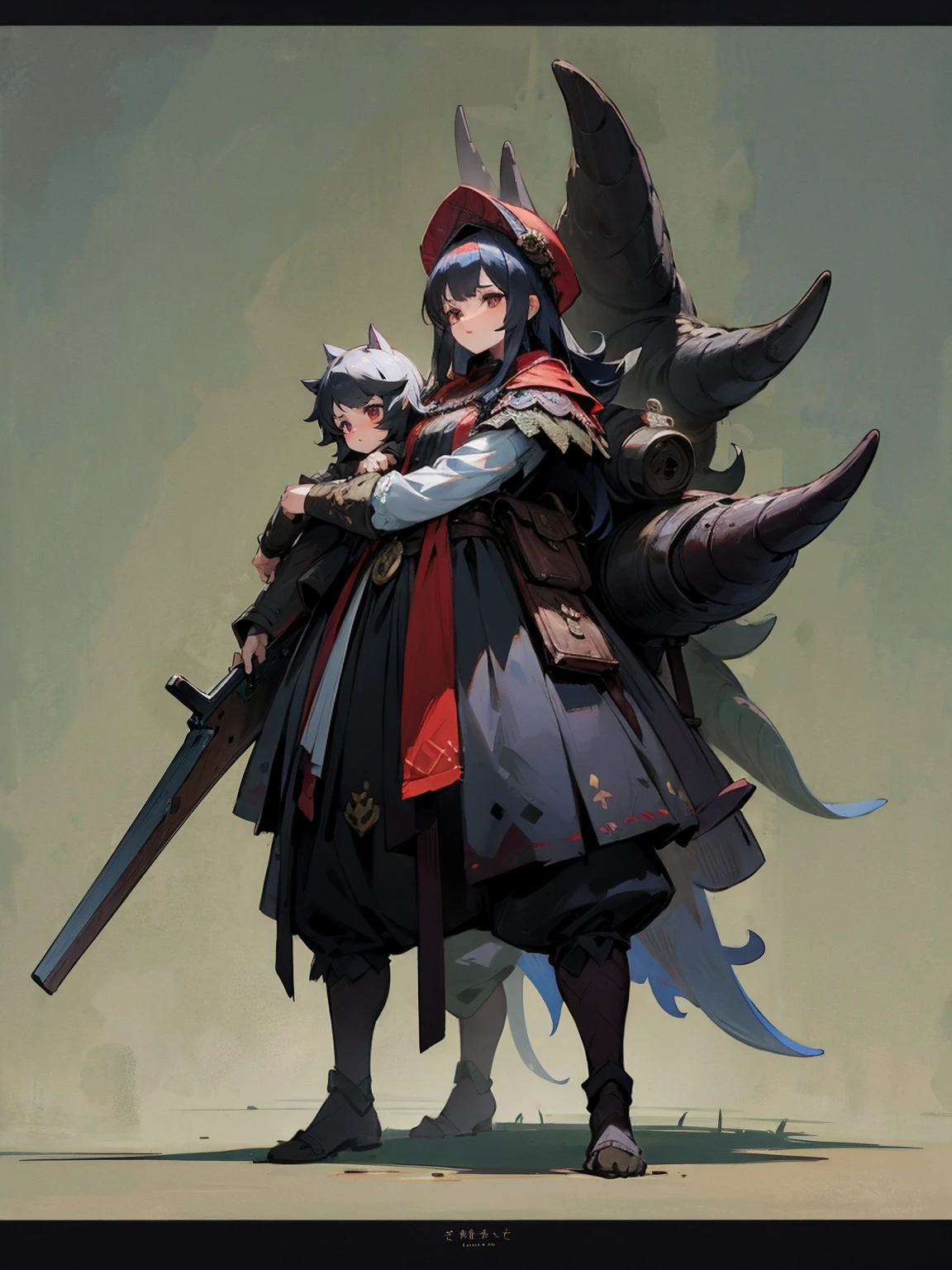 1 Girl，14 years old，tiny body，black hair，Red eyes，Medieval merchant style dress，Adventurer Merchant，mystery，Carrying a huge backpack on his back，Weapons on the waist，whole body，Standing picture，multi-angle，Anime CG，Highest quality，Extremely detailed，Highest definition，8K，Full set of clothing，whole bodyStanding picture，Well-proportioned body，Medieval landscape，Normal proportions of the figure，Little girl。There is a giant beast carrying cargo beside her.，Moss growing on the body，A fantasy creature，Huge size，Responsible for shipping，There is also a saddle and a cushion on its back for people to sit on.