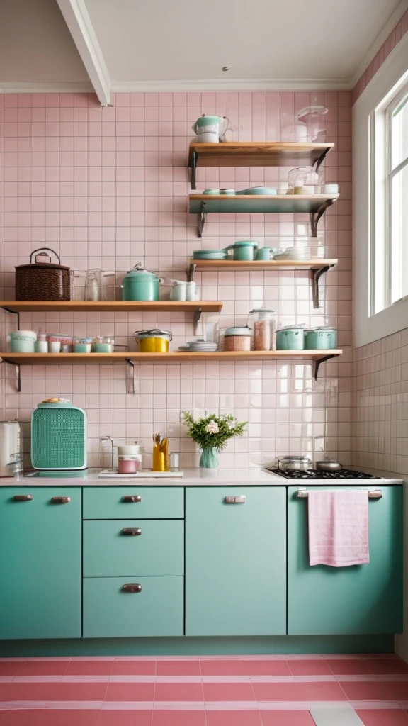 Generate a retro-style kitchen with pastel-colored cabinets, checkerboard tile flooring, and vintage appliances. Include open shelving with decorative items from the 1950s, a large retro-style refrigerator, and a diner-style bar counter with stools. The color scheme should include pastel tones like mint green, baby blue, and pale pink. Ensure the entire image depicts a single, cohesive kitchen without being divided into multiple sections.