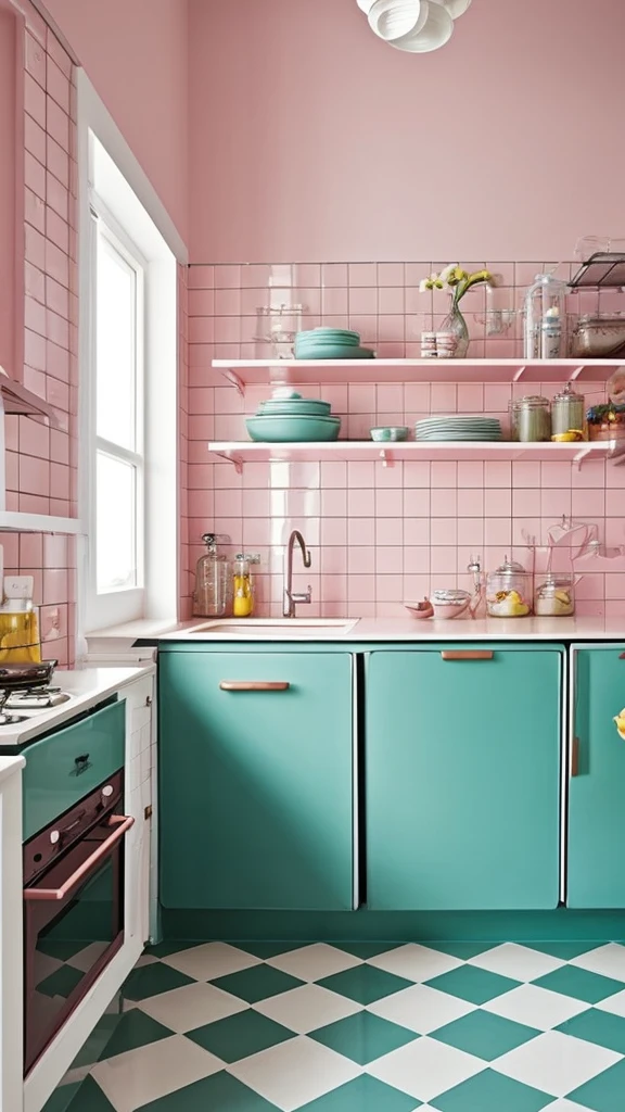 Generate a retro-style kitchen with pastel-colored cabinets, checkerboard tile flooring, and vintage appliances. Include open shelving with decorative items from the 1950s, a large retro-style refrigerator, and a diner-style bar counter with stools. The color scheme should include pastel tones like mint green, baby blue, and pale pink. Ensure the entire image depicts a single, cohesive kitchen without being divided into multiple sections.