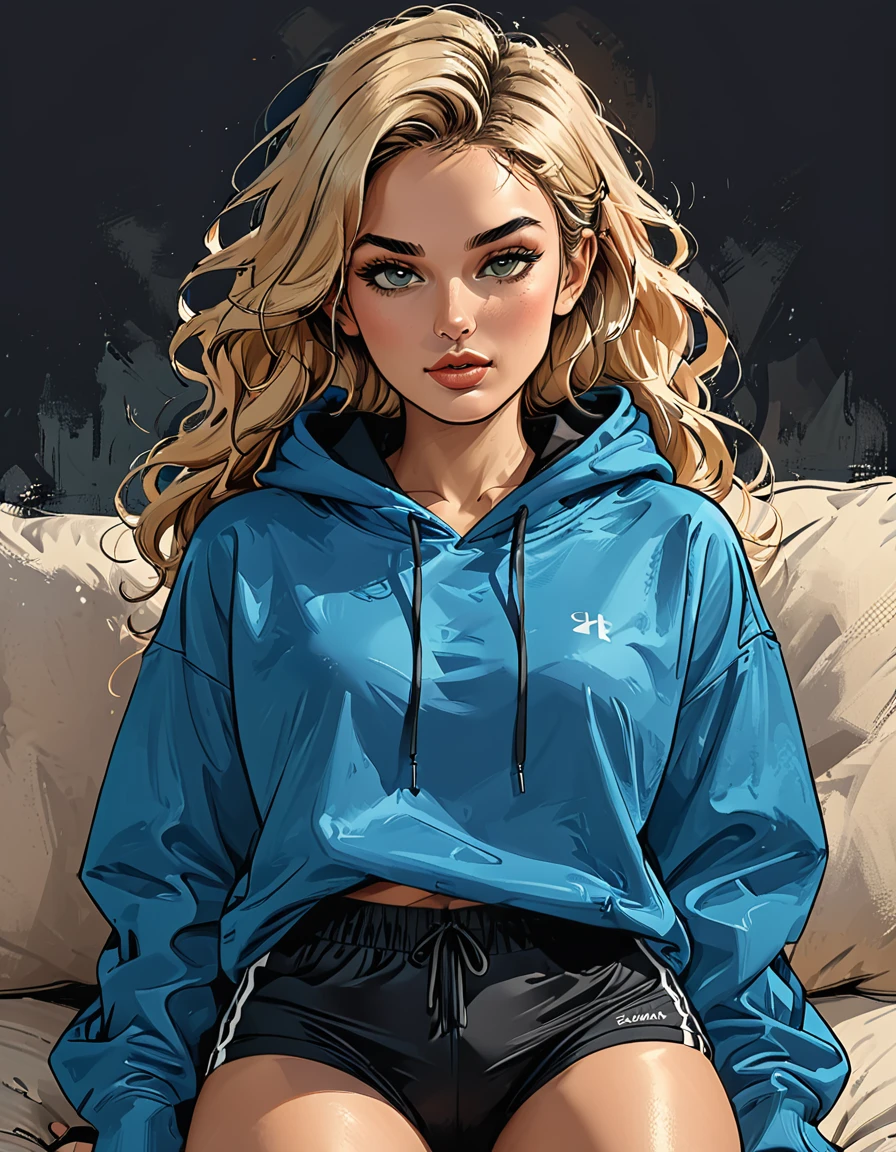  girl lies with ((glow blue eyes closed)) in (Blue oversized hoodie) and black Elastic shorts at sofa at dark green office, adult, [Nordic], Hourglass elongated fitness body, perfect Olive skin, Oval Face, Long neck, Rounded shoulders, perfect hand, Attached Pointed ears, round forehead, Short blonde Waves pixie hair, snub nose, Arched eyebrows, High Round Narrow cheekbones, Dimpled Cheeks, Rounded Chin, Rounded Jawline, Full nude Lips, Nude Makeup Look, long eyelashes, graphic style of novel comics, 2d, 8k, hyperrealism, masterpiece, high resolution, best quality, ultra-detailed, super realistic, Hyperrealistic art, high-quality, ultra high res, highest detailed, lot of details, Extremely high-resolution details, incredibly lifelike, colourful, soft cinematic light,