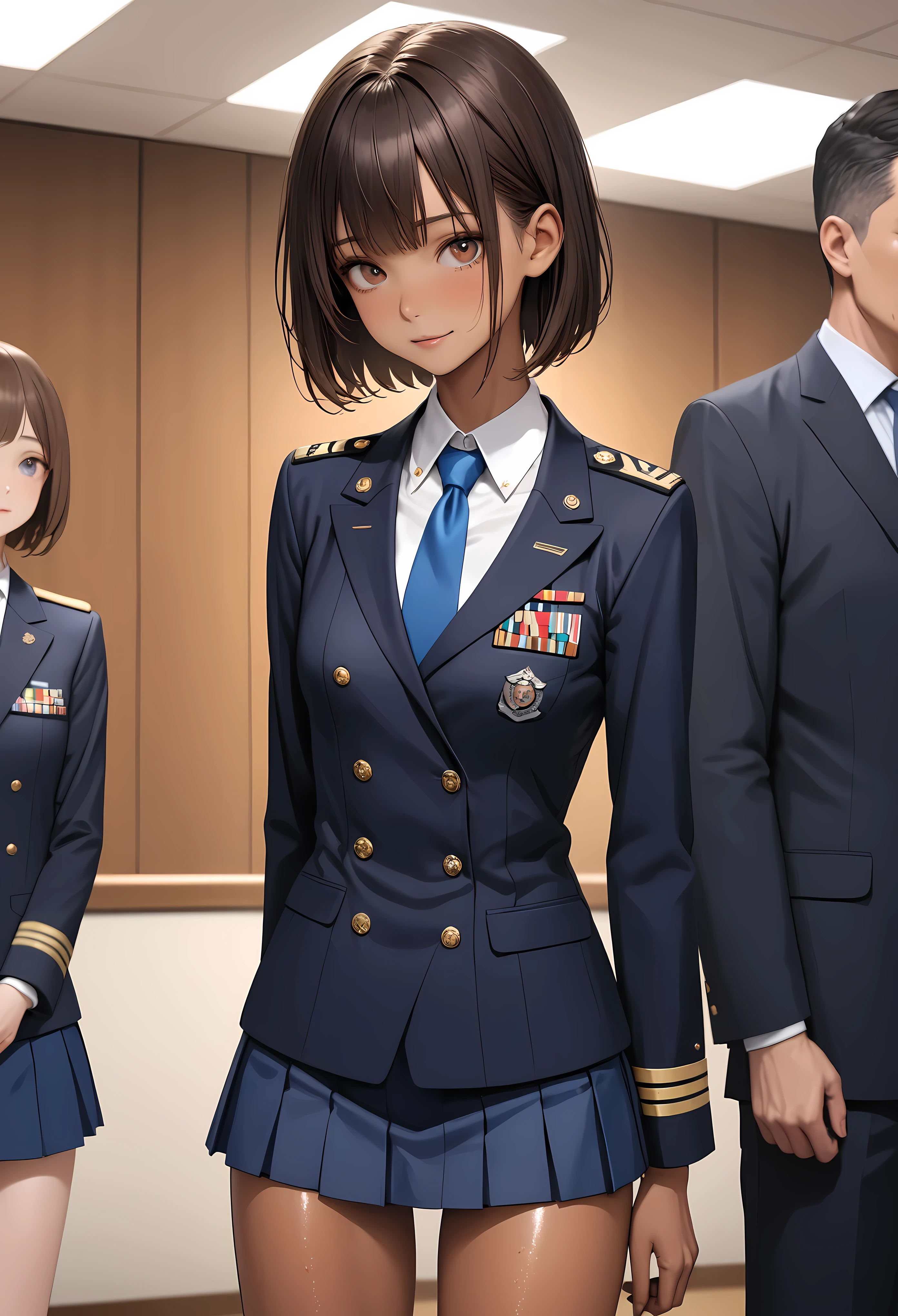 (masterpiece,Highest quality:1.3,best quality illustration),realistic,cowboy shot,1woman,30 year old Japanese beauty,Naval officer、((very small head:1.5)),short bob hair,brown hair,bangs,brown eyes,gorgeous eyes,shy,smile,((Dark blue blazer jacket、White Shirt、Blue tie、Navy blue mini skirt、black thighhighs))、navy uniform,small breasts,((very long body:1.4,tan skin:1.2)),(toned body,slender body,skinny),gleaming skin,shiny skin,sweat:1.2,standing,sitting,conference room、Naval Base、