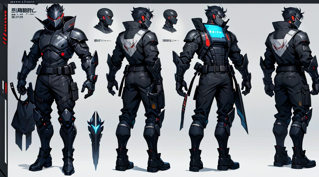 Character design sheet、male、Black combat uniform、Body Armor、Powered Suit、Full Face Mask、cyber punk