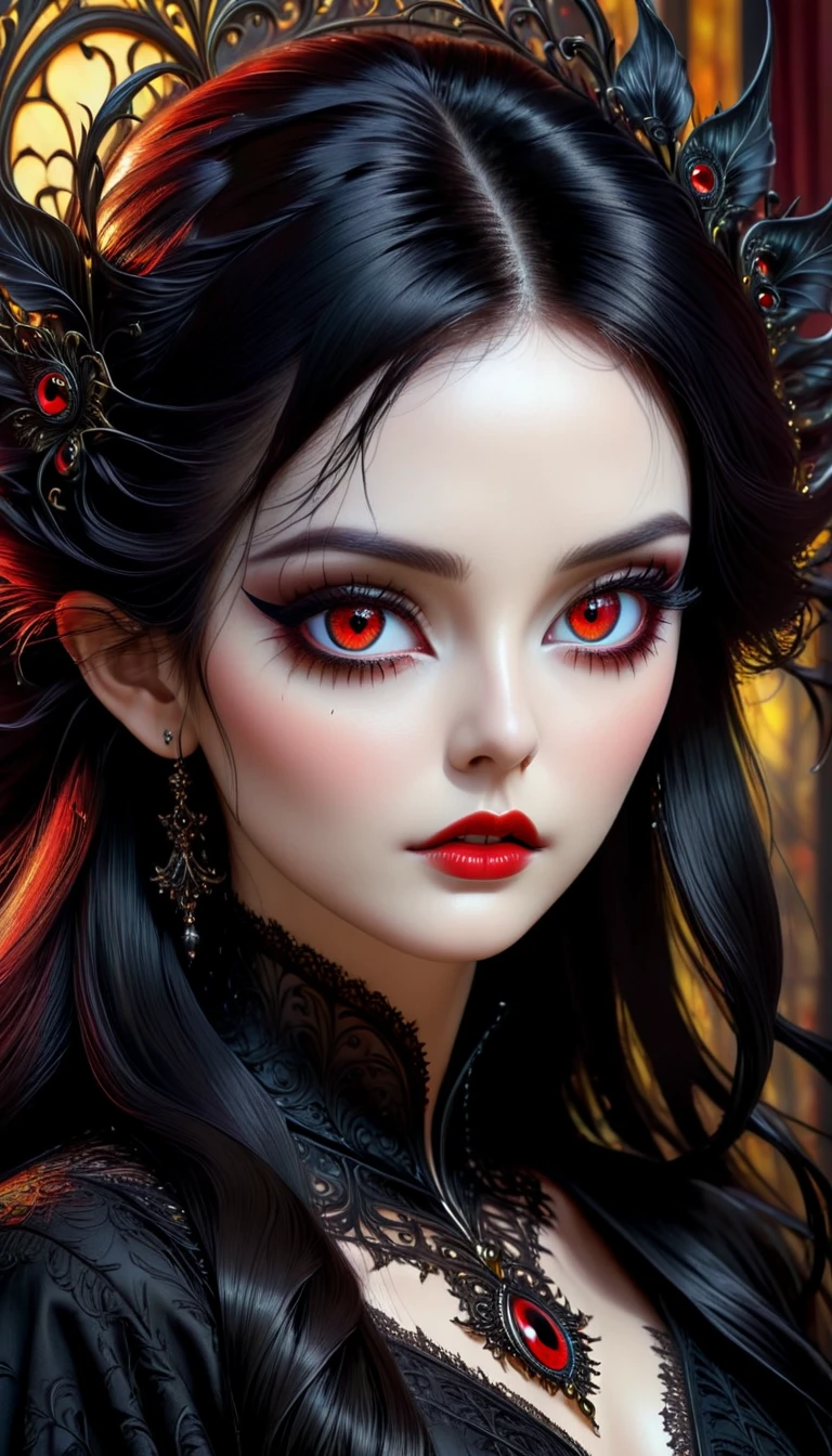  Woman (Gothic art)Beautiful black haired red eyed woman, Elegant and exquisitred eyes,  Highly detailed face, Detailed eyes, beautiful long eyelashes, complicated details, Award-winning digital art, movie light, Amazing color, realistic, 8K, Masterpiece,Gothic art