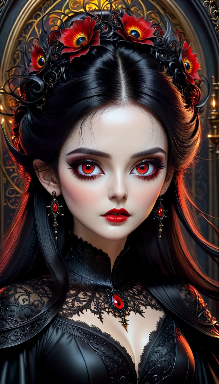  Woman (Gothic art)Beautiful black haired red eyed woman, Elegant and exquisitred eyes,  Highly detailed face, Detailed eyes, beautiful long eyelashes, complicated details, Award-winning digital art, movie light, Amazing color, realistic, 8K, Masterpiece,Gothic art