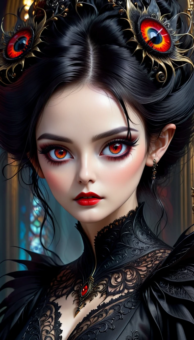Woman (Gothic art)Beautiful black haired red eyed woman, Elegant and exquisitred eyes, Highly detailed face, Detailed eyes, beautiful long eyelashes, complicated details, Award-winning digital art, movie light, Amazing color, realistic, 8K, Masterpiece,Gothic art