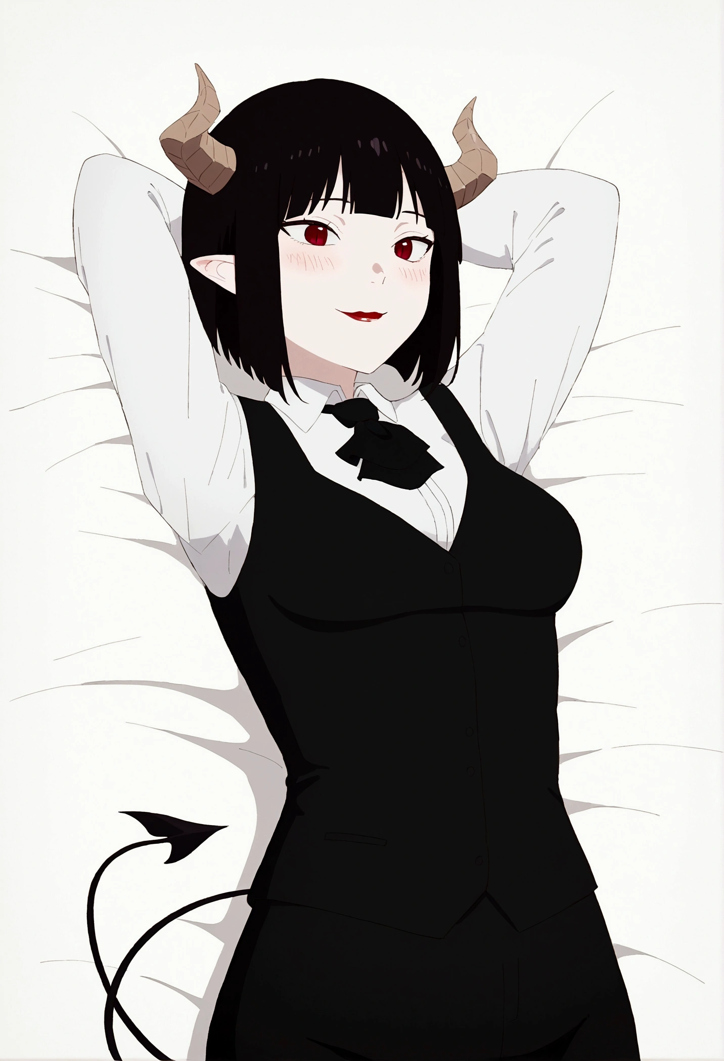 juri han,work of art, best qualityer, high resolution, 1girl horns short hair demon tail, white shirt black ascot black gloves black pants black vest lying on your back, sheet, arms behind the head,blushed,face red,cos,ssmile,background red