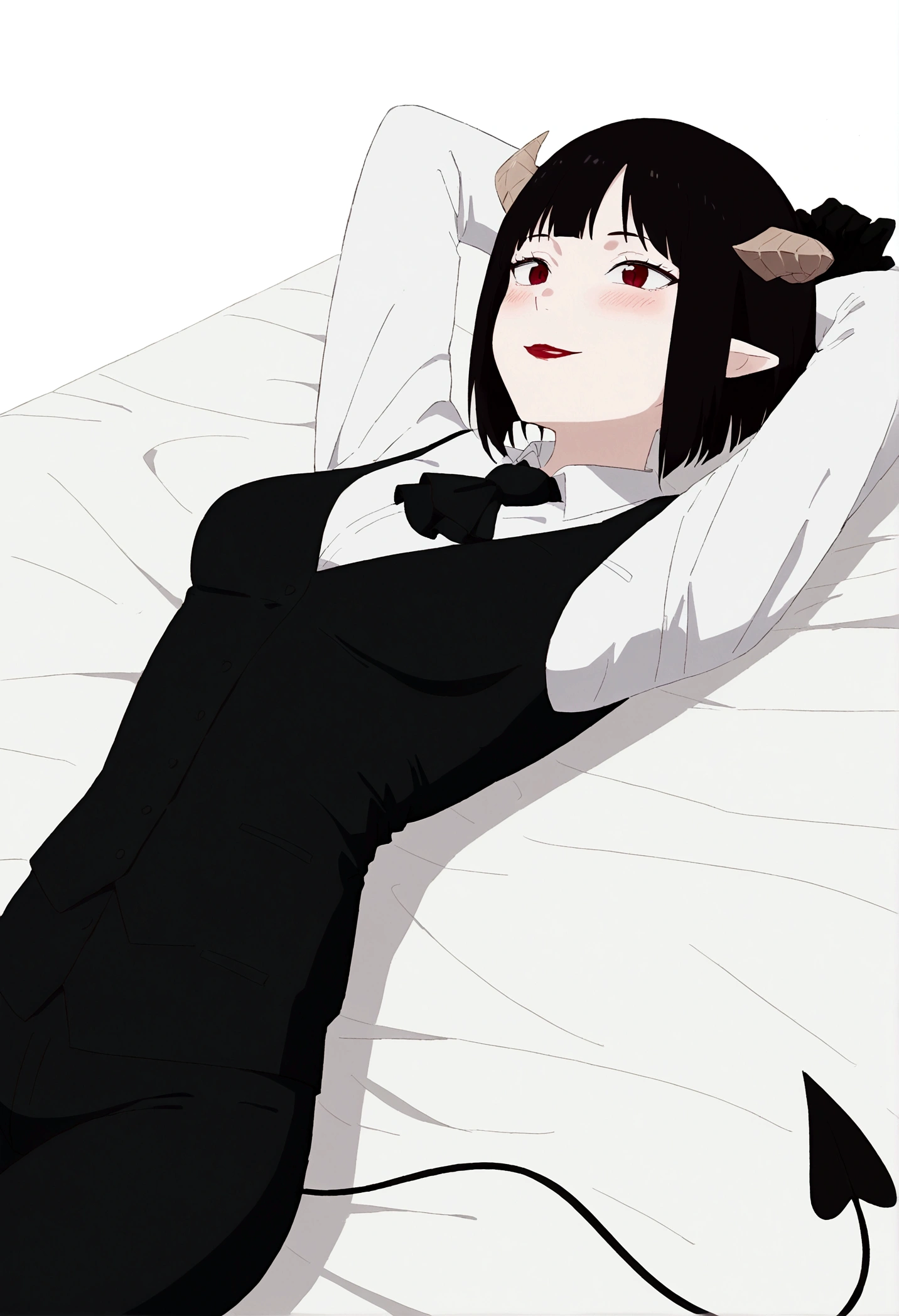 juri han,work of art, best qualityer, high resolution, 1girl horns short hair demon tail, white shirt black ascot black gloves black pants black vest lying on your back, sheet, arms behind the head,blushed,face red,cos,ssmile,background red
