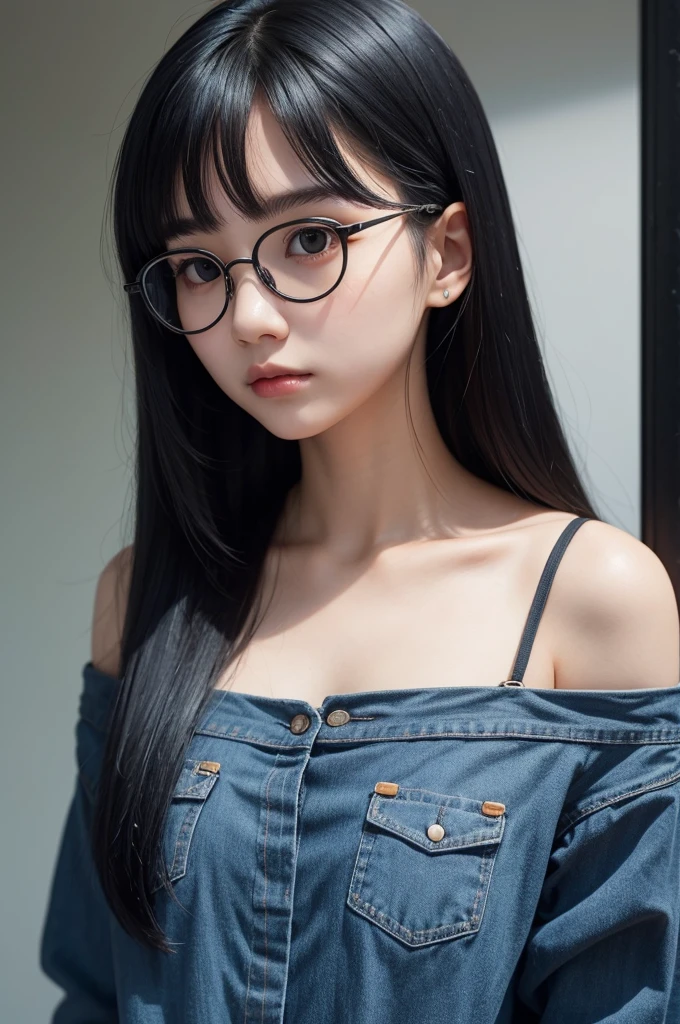 Girl with black and round glasses, with straight hair down to the shoulders without any bangs, with dark blue hair tips