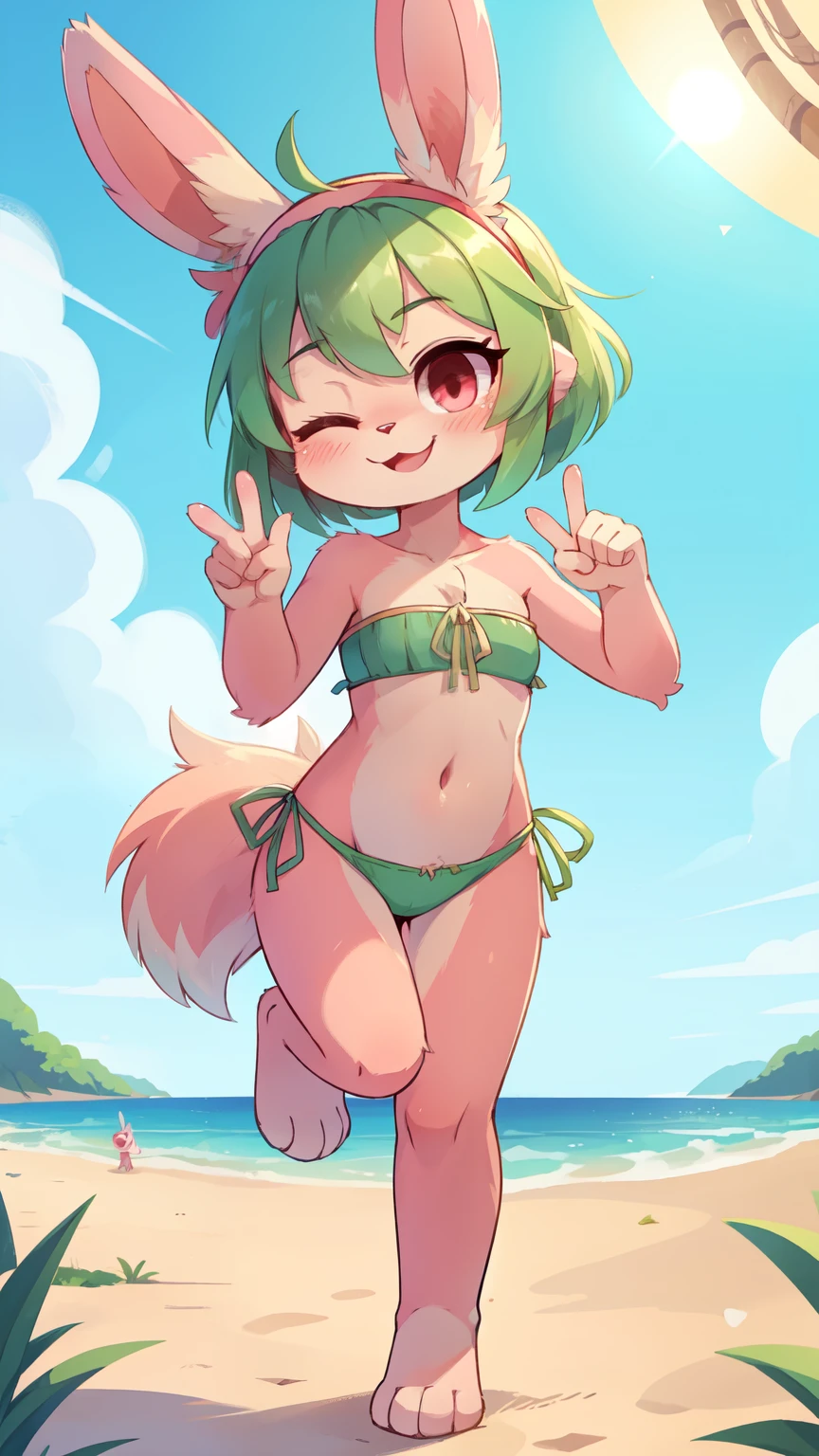 score_9,score_8_up,score_7_up, source_cartoon, source_furry, rabbit tail, Green hair, short hair, long side hair, furry, blush, looking at viewer, smile, 1girl, rabbit ears, furry female, Pink skin, pink fur, light beige fur, two-tone body, two-tone fur, ((hairband, bright green strapless fringed bandeau bikini)), beach, clear sky, blush, looking at viewer, standing, red eyes, solo, anthro, small breasts, cheek tuft, eyelashes, eyelids, facial tuft, navel, furry with furry, full body, feets with three toes, 3 toes, leg up, ((wink, one eye closed)), Idol pose, v,