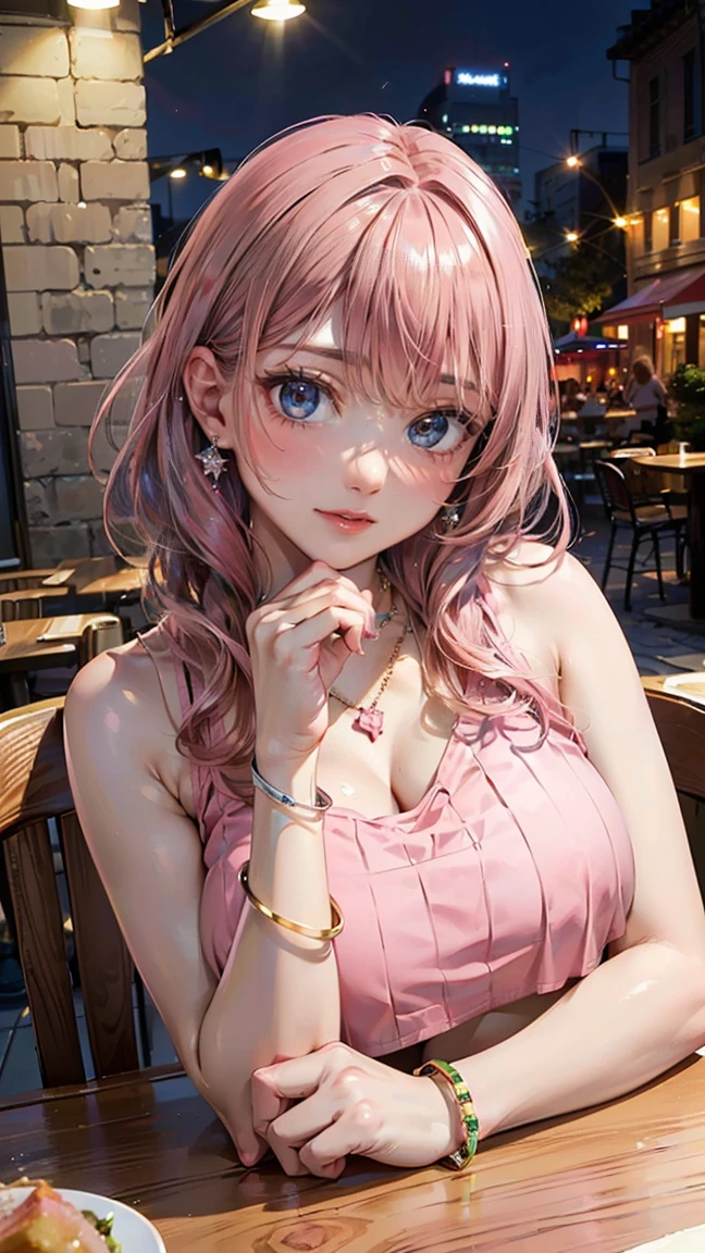(Masterpiece, BestQuality:1.3), (ultra detailed:1.2), (hyperrealistic:1.3), (RAW photo:1.2), High detail RAW color photo, professional photograph, (Photorealistic:1.4), (realistic:1.4), professional lighting, perfect anatomy, (Big Breasts:1.2), (blush, detailed face), (cheerful Smile:1.5), (Pink Hair:1.5), Trending Hair&Trending Hairカラーをランダムに, earrings, necklace, bracelet, sexly, erotic sexly, Random sexy gravure poses, (Bunny Girl Woman、Gorgeous casino background、Provocative look、short hair、Hands on table pose: 1.3)
