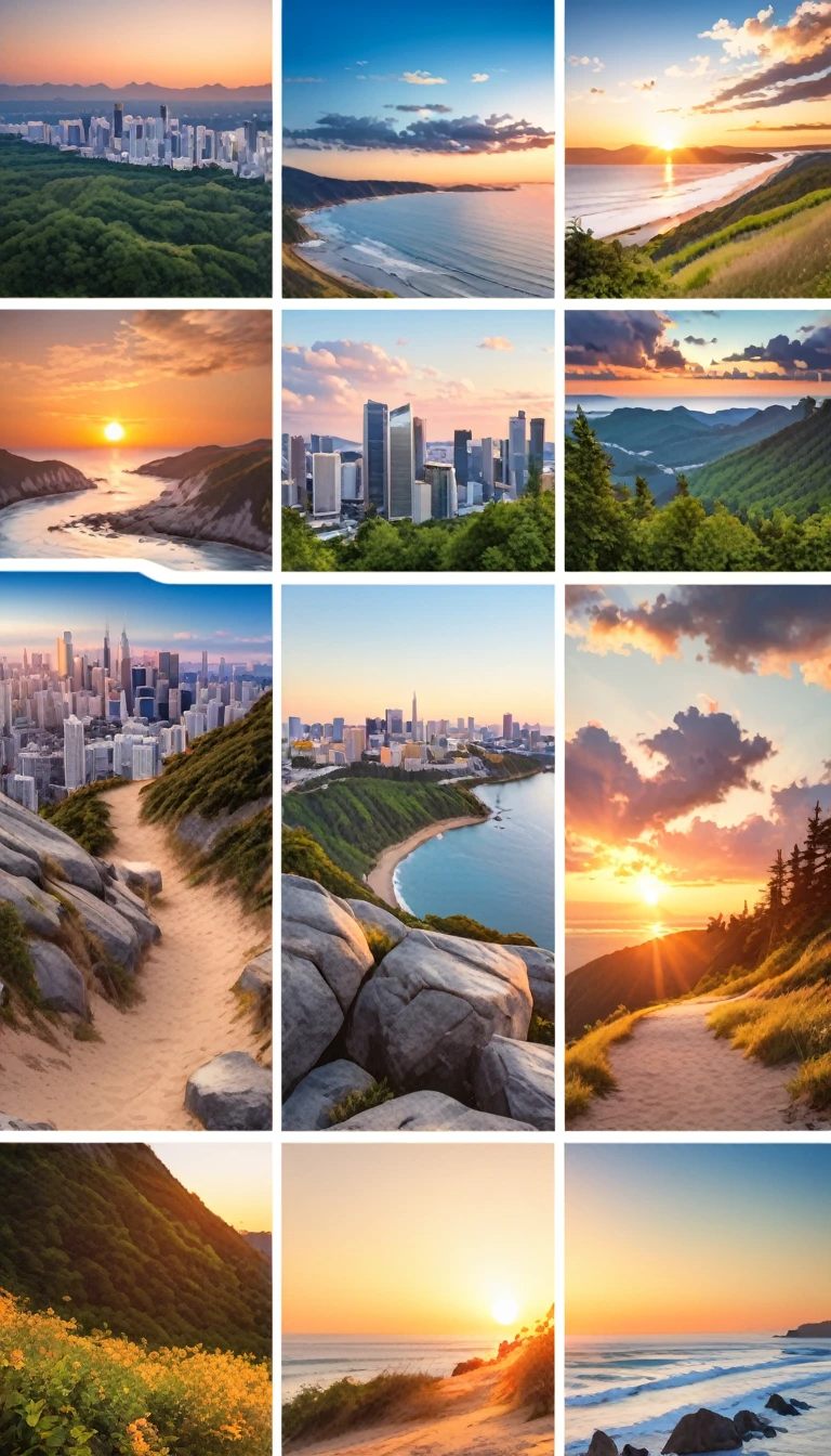 A montage of travel photo - city skyline, hiking trail, and beach sunset.