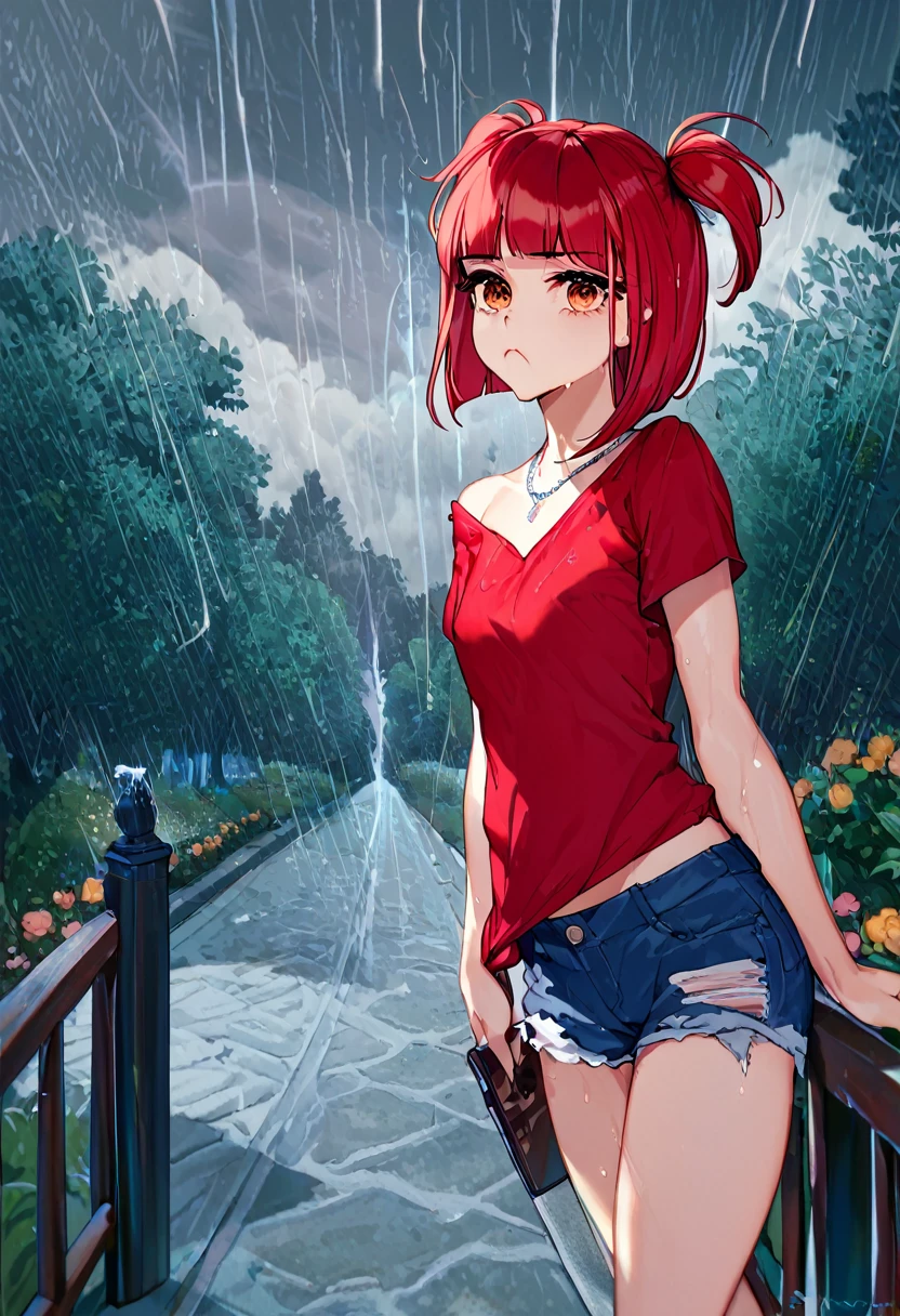 For pony:
score_9, score_8_up, score_7_up,expressive eyes,1 girl, bob cut,blunt bangs,white and red hair,orange eye, swirly eyes,necklace,two side up,red shirt, loose shirt, denim shorts,in park, closed mouth, :t, pout, mad ,thunderstorm,wet