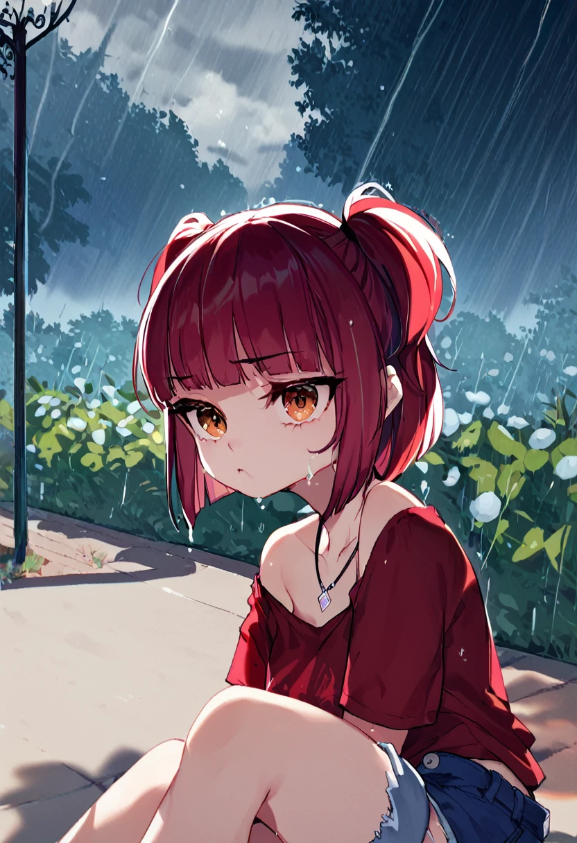 For pony:
score_9, score_8_up, score_7_up,expressive eyes,1 girl, bob cut,blunt bangs,white and red hair,orange eye, swirly eyes,necklace,two side up,red shirt, loose shirt, denim shorts,in park, closed mouth, :t, pout, mad ,thunderstorm,wet