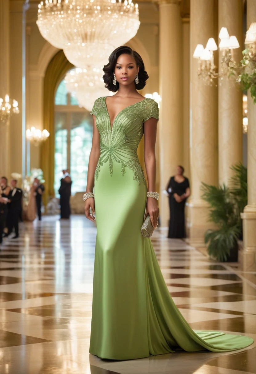 Full length ,"A young woman in an elegant, light limon green evening gown short sleeve attending a formal event. She is wearing a uniquely designed and beautiful dress, complemented by luxurious jewelry and accessories. The background features a grand and lavish hall with warm, inviting lighting, showcasing a scene of splendor and beauty."