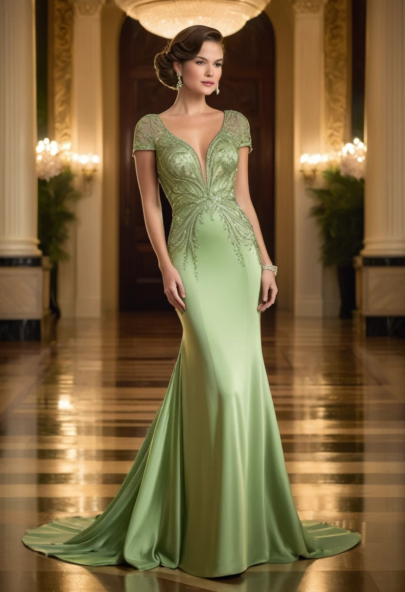 Full length ,"A young woman in an elegant, light limon green evening gown short sleeve attending a formal event. She is wearing a uniquely designed and beautiful dress, complemented by luxurious jewelry and accessories. The background features a grand and lavish hall with warm, inviting lighting, showcasing a scene of splendor and beauty."