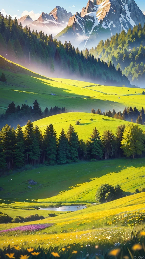 a breathtaking landscape, lush meadow, rolling hills, serene lake, majestic mountains, golden sunset, fluffy clouds, vibrant wildflowers, detailed foliage, natural lighting, photorealistic, cinematic composition, rich color palette, dramatic shadows and highlights, (best quality,4k,8k,highres,masterpiece:1.2),ultra-detailed,(realistic,photorealistic,photo-realistic:1.37),landscape