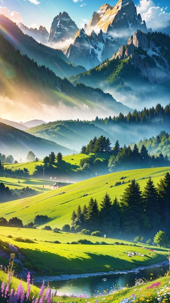 a breathtaking landscape, lush meadow, rolling hills, serene lake, majestic mountains, golden sunset, fluffy clouds, vibrant wildflowers, detailed foliage, natural lighting, photorealistic, cinematic composition, rich color palette, dramatic shadows and highlights, (best quality,4k,8k,highres,masterpiece:1.2),ultra-detailed,(realistic,photorealistic,photo-realistic:1.37),landscape