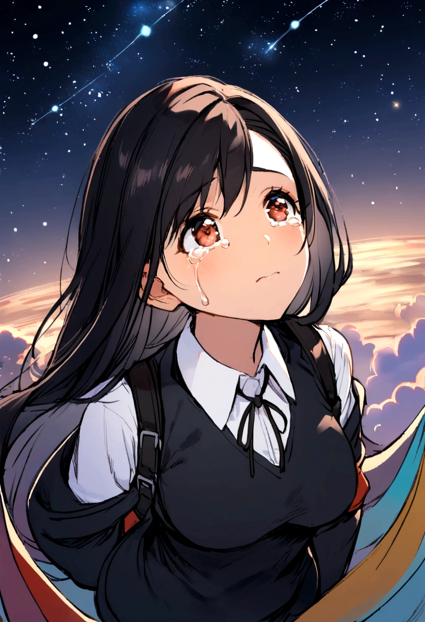 1girl, student uniform, black hair, young tifa lockhart, looking up at the night sky, crying but hopeful, wishing on a satellite