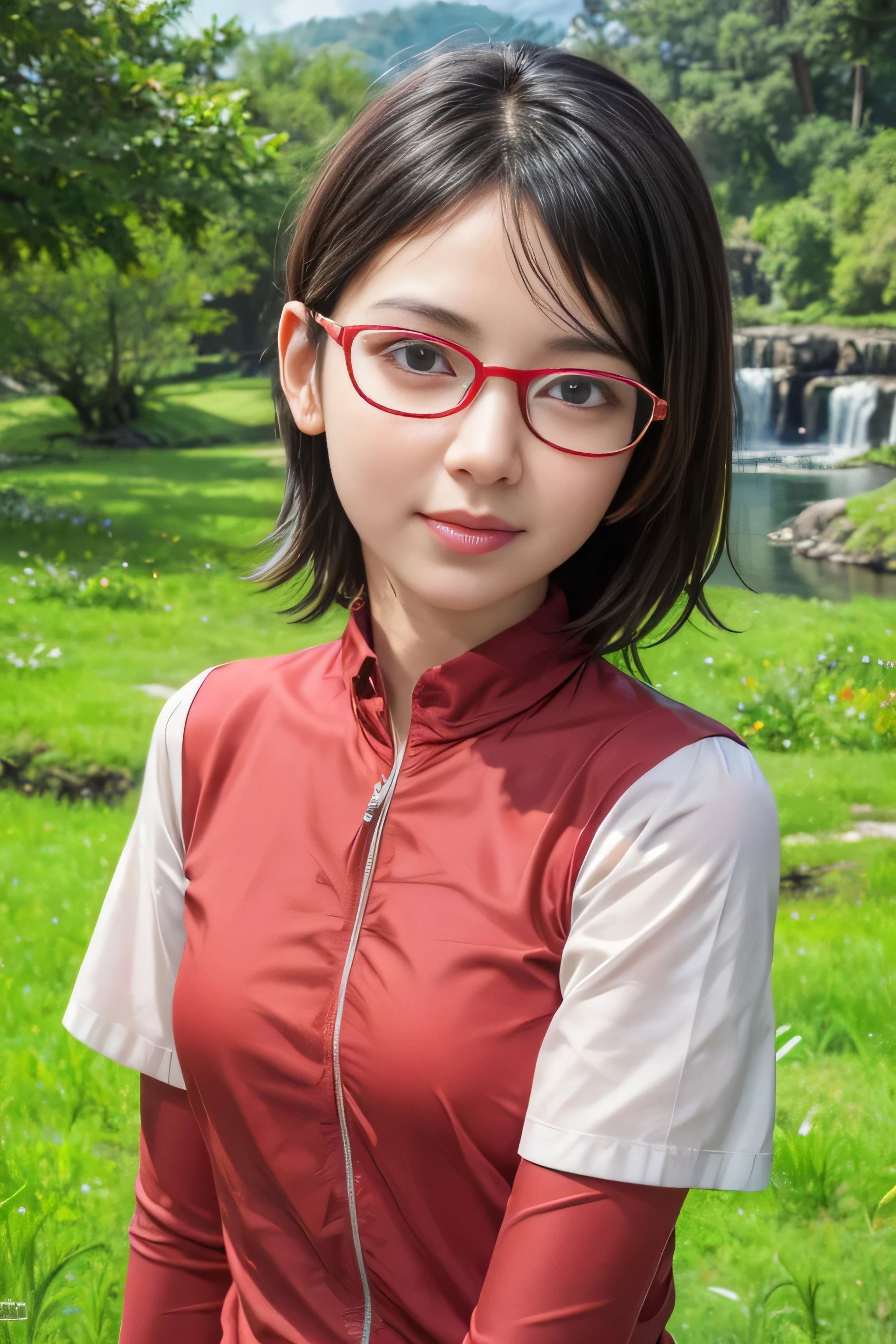 masterpiece, best quality, (realistic,photo-realistic:1.4), (RAW photo:1.2), extremely detailed CG unity 8k wallpaper, delicate and beautiful, amazing,finely detail, official art, absurdres, incredibly absurdres, huge filesize, ultra-detailed,extremely detailed eyes and face,light on face,(little smile),(wearing red framed glasses:1.4),sarada,(black hair:1.4),short hair,(wearing red shirt:1.5),(nature background:1.4)