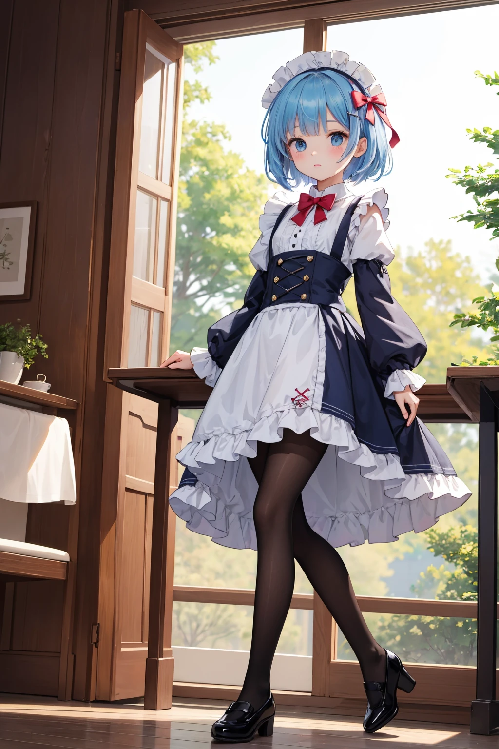 (chedevr:2.0,Best quality),(Lovely beautiful eyes:2.0),wire._REM sleep,REMHD,1 girl,blue hair,One,eBlue eyes,x Hair accessories,foot jewelry,Bow knot,Long thick socks,lace tights,ta in heels,lolihoes,Rossvale Mansion Maid Uniform,полное wireо, lesbian,Two arms,two legs,photographic art,Mine,Skysky,Sun rays,trees,Wool,