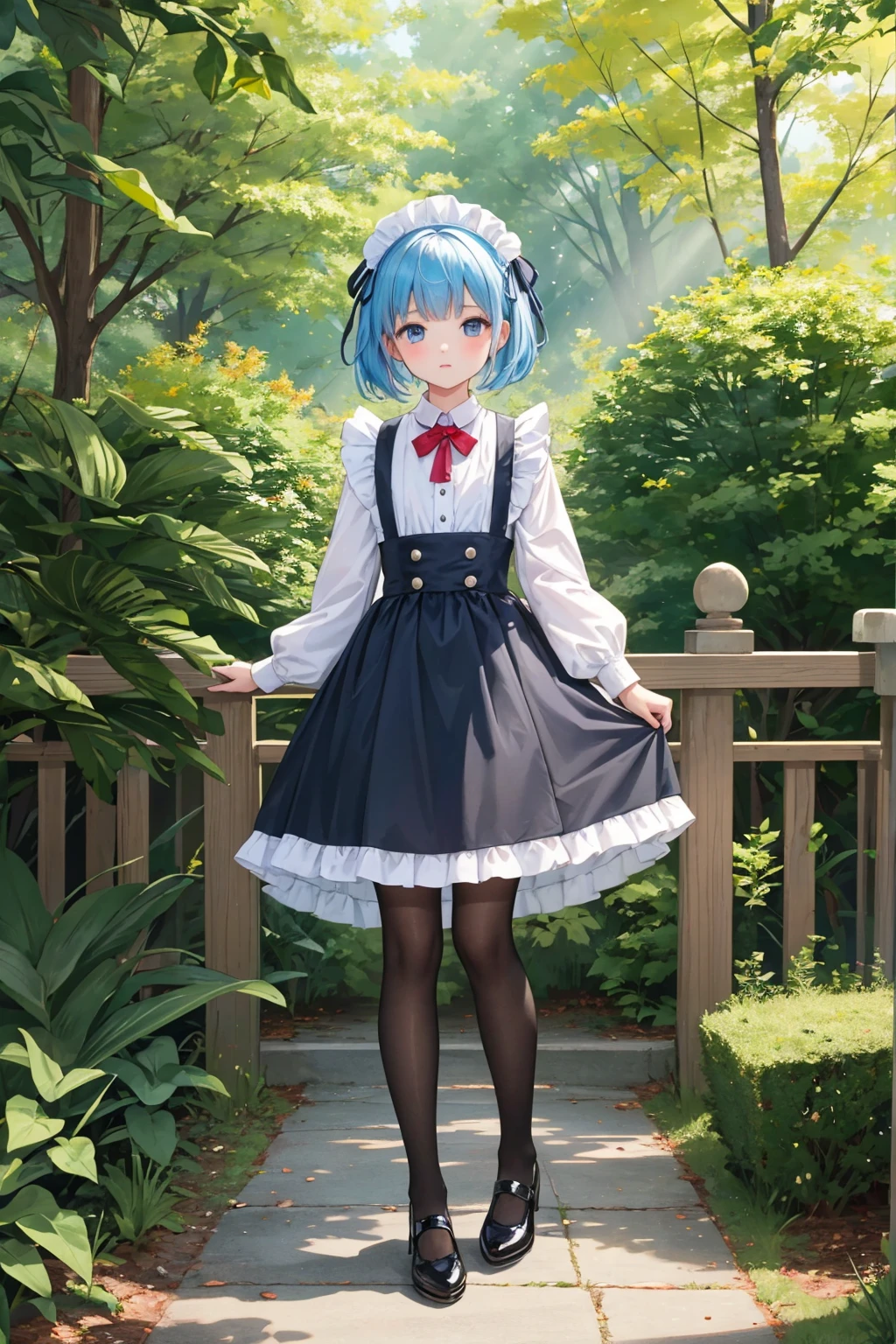 （chedevr：2.0，Best quality），（Lovely beautiful eyes：2.0），wire._REM sleep，REMHD，1 girl，blue hair，One，eBlue eyes，x Hair accessories，foot jewelry，Bow knot，Long thick socks，lace tights，Lolita in heels，lolita shoes，Rossvale Mansion Maid Uniform，полное wireо, lesbian，Two arms，two legs，photographic art，Mine，Skysky，Sun rays，trees，Wool，