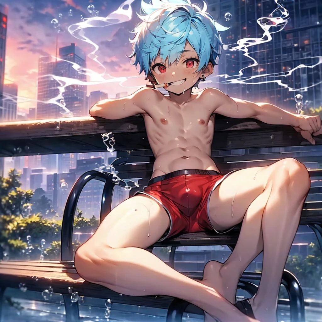 (solo:2), (boldline:-1.8), (smoking:1.6), (((bubble))), (sitting on bench:1.5), (spread legs:1.5), (((fang))), (((best finger))), BREAK (best quality:1.5), (absolutely resolution:1.5), (ultra detailed:1.5), (masterpiece:1.5), (perfect face), (detailed face), (detailed eyes), (best eyes), (cute face), (shota:2), BREAK (topless:1.5), BREAK (red short pants:1.5), (see throgh wet clothes:1.2), (bulge:1.6), (skinny:1.3), (spiked hair), BREAK (light blue hair:1.5), (wine red eyes:1.4), (eyes with highlight:1.6), ((mole under eye)), (sweaty skin), (light skin), (grin:1.5), ((earrings)), (shiny skin:1.3), BREAK (garden), (building:1.5), (at twilight:1.5), ((wind blowing)), ((nipple)), (abs), (groin),