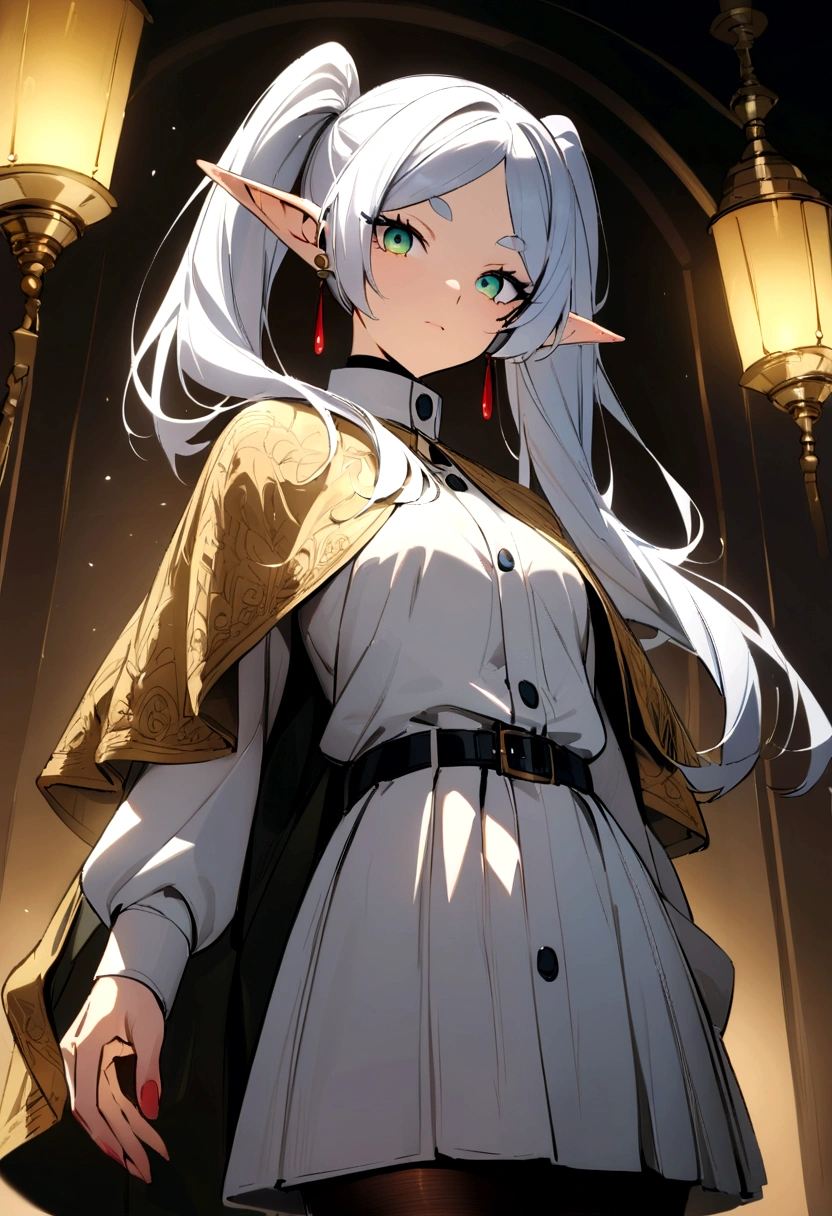 (masterpiece:1.2),(best quality:1.2),highly detailed,absurdres,intricate,volumetric lighting,cinematic lighting,award-winning,macro vivid colors, golden lamps, candles
frieren, long hair, twintails, green_eyes, grey hair, pointy ears, elf, shirt, long sleeves, jewelry, pantyhose, black pantyhose, capelet
looking at viewer