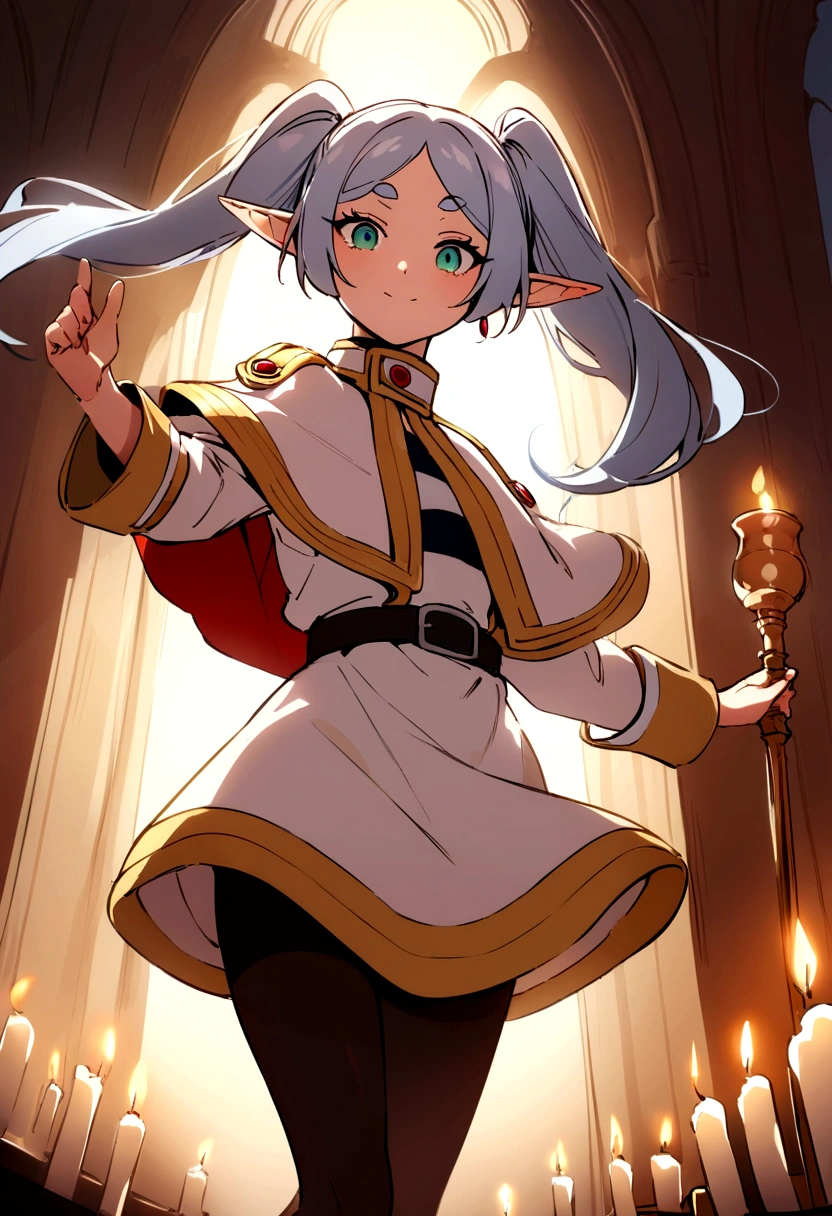 (masterpiece:1.2),(best quality:1.2),highly detailed,absurdres,intricate,volumetric lighting,cinematic lighting,award-winning,macro vivid colors, golden lamps, candles
frieren, long hair, twintails, green_eyes, grey hair, pointy ears, elf, shirt, long sleeves, jewelry, pantyhose, black pantyhose, capelet
looking at viewer
