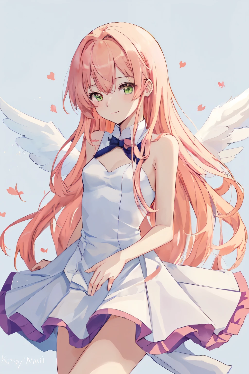 1_girl, (anime, kawai:2), (masterpeice, best_quality, clean:1.5), (sky_background:1.2), (cute, cute_smile, wholesome, young:1.8), (delicate, extremely_delicate, beautiful, thin:1.5), (girlfriend, angel:1.8), (green_eyes, simple_eyes:1.8) (long_hair, blond_hair, wearing_pink_dress, pink_angel_wings:1.5), extremely_delicate, (love_magic:1.5), (age_size_fits_body), (small_thighs:1.3), (breasts), (eye_level:1.3), (heart_magic, love:1.5), (folded_legs:1.5), (combat:1.2)