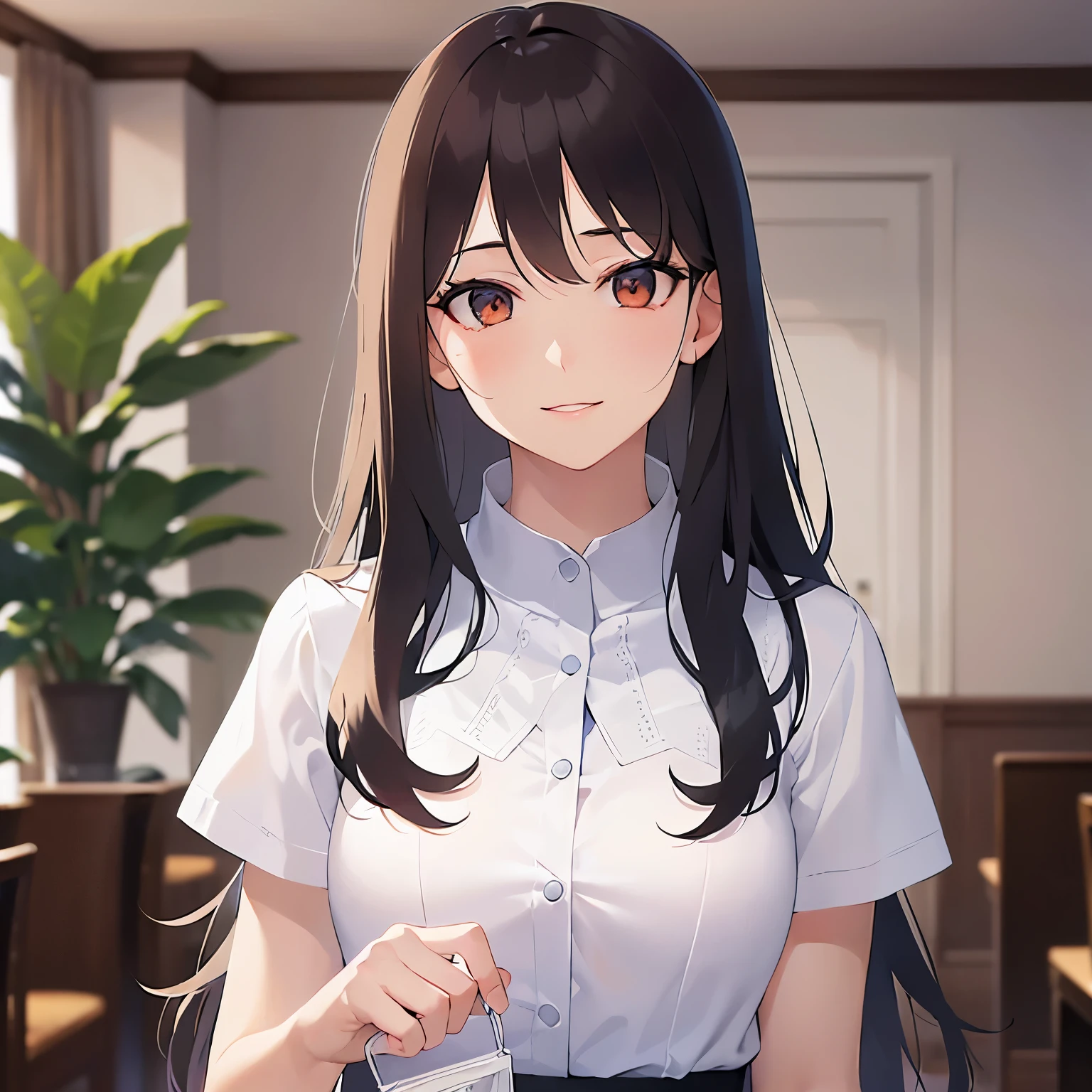 lookin at viewer,Upper Body,
Realistic, real person, (pale skin: 1.2), RAW photo, photorealistic, shiny skin, shiny hair、
(A 25-year-old woman with medium-length hair and bangs) and (wavy hair) and (brown hair) and (Orange Eyes)
, smile,
Wearing a white dress with a collar,The hotel lobby in the background、Alone、Are standing