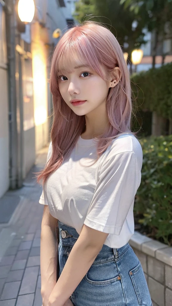 shiny skin、lightly dressed、exposed、thin white shirt、(highest quality,masterpiece:1.3,超A high resolution,),(super detailed,caustics),(Photoreal:1.4,RAW shooting,)ultra-realistic capture,very detailed,High definition 16K for human skin、 Natural skin texture、、Skin looks even-toned and healthy、 Use natural light and color,one woman,Japanese,,cute,pink haired,middle hair,(Depth of the bounds written、chromatic aberration、、wide range of lighting、natural shading、)、(Outdoor lights at dusk:1.4)、(outdoor lights at night:1.4)、(hair swaying in the wind:1)、short hair、Put on your ears、The setting sun is shining in、older sister、Full body photo White T-shirt Denim shorts、cowboyshot,