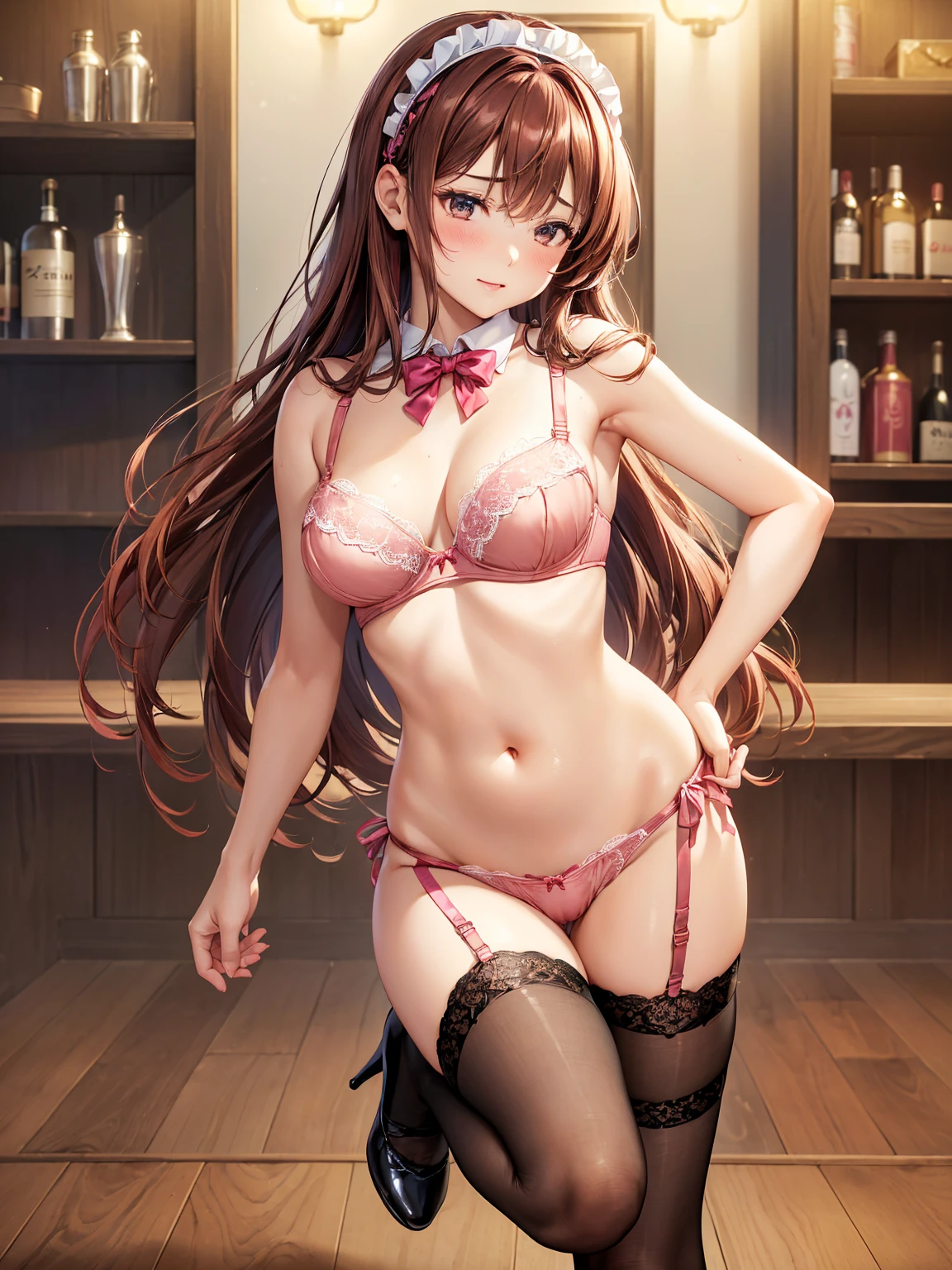 (((masterpiece, Highest quality, High resolution, 超High resolution, Perfect Pixel, Depth of written boundary, 4K, RTTX 10.0))), Beautiful Anime Women, Beautiful art style, Anime characters, ((Smooth texture, Realistic texture, Anime CG Style)), Exact finger count、Exact number of legs、(Exact number of arms:1.0, Exact number of hands:1.0), (Perfect hands, Perfect Anatomy), Cinematic, Realistic, Extremely detailed CG, Daytime lighting, Perfect lighting, Best Shadow, The best natural light, whole body, Perfect body, バランのとれたPerfect body, Perfectly balanced style, (Slender body:1.2), Small face, ((Long Hair, bangs, Reddish brown hair, Stylish hairstyle)), ((A cute woman stands with her hands in her panties:1.8)), (Put one hand in your panties:1.8), (fingering:1.8), (pussy juice:1.5), ((Bow tie around neck, High heels:1.3), (Sexy and cute dark pink underwear:1.3), (Stylish shiny dark pink satin panties, Side-tie panties, Panties in plain dark pink with lace on the sides:1.3), (Thin panties:1.3), (Dark pink micro lace satin bra, Dark pink bra with lace trim, Thin bra:1.3), (garter belt, Black knee socks:1.3):1.3), (Beautiful big , Cleavage:1.1), (Embarrassed expression:1.4), blush, (sexual pleasure expression:1.5), (The expression of someone who is holding in the toilet:1.4), (Look up, Mouth half open, Half-close your eyes:1.2), (Stylish bar, Stylish restaurant, Many customers in the background, A busy store, Chair, table:1.3), naked, In underwear, Waitress in underwear, (Frilly maid-like headband:1.2), whole body, Angle from the front, chizuru