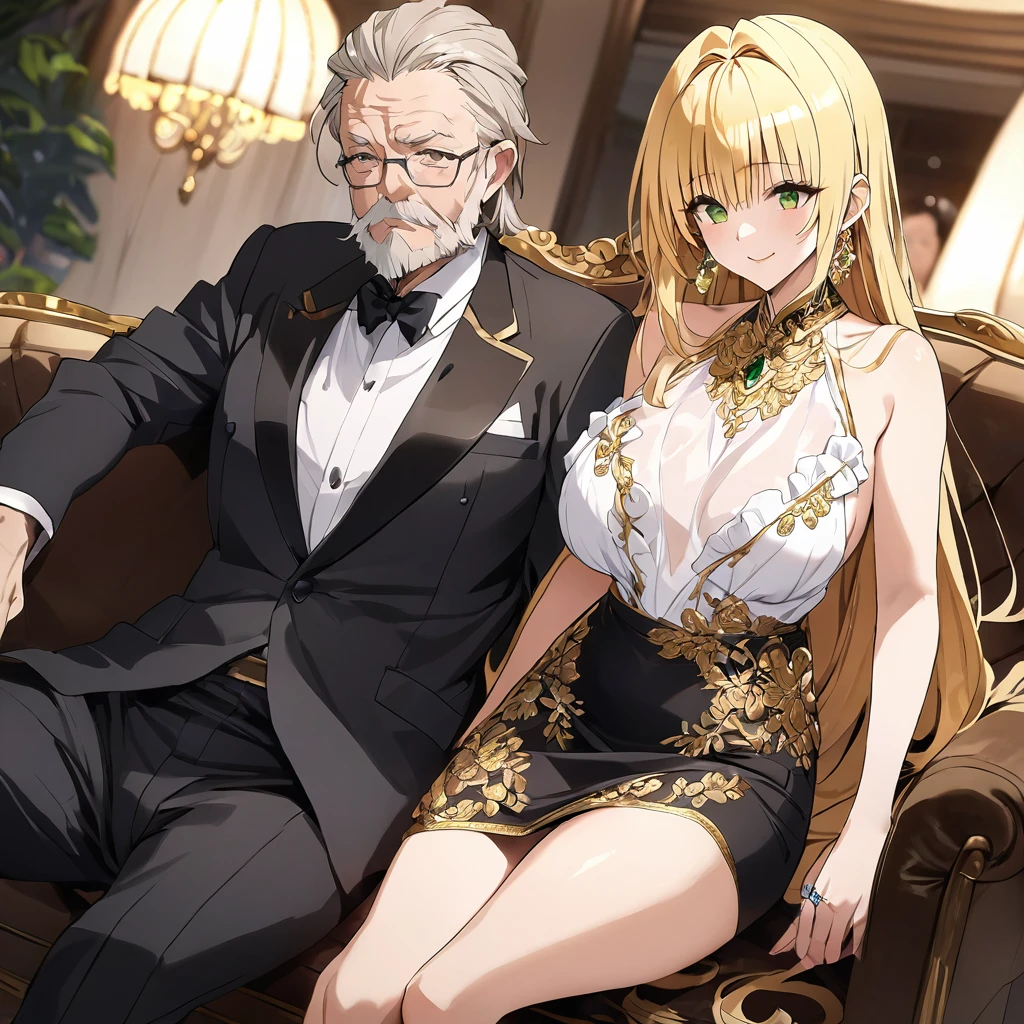 ((Highest quality)), ((masterpiece)), (detailed), (Perfect Face)、The woman is a thief with green eyes and medium-long blonde hair. She is wearing a luxurious black skirt-type suit with gold embroidery and trim, a luxurious and elegant white blouse with frills, jeweled earrings, and an engagement ring.、The woman is sitting close to the man on a luxurious sofa in a luxurious room.、The man is a dignified, bearded old man, extremely wealthy, wearing an expensive suit with lavish gold embroidery and trim, and wearing an engagement ring.