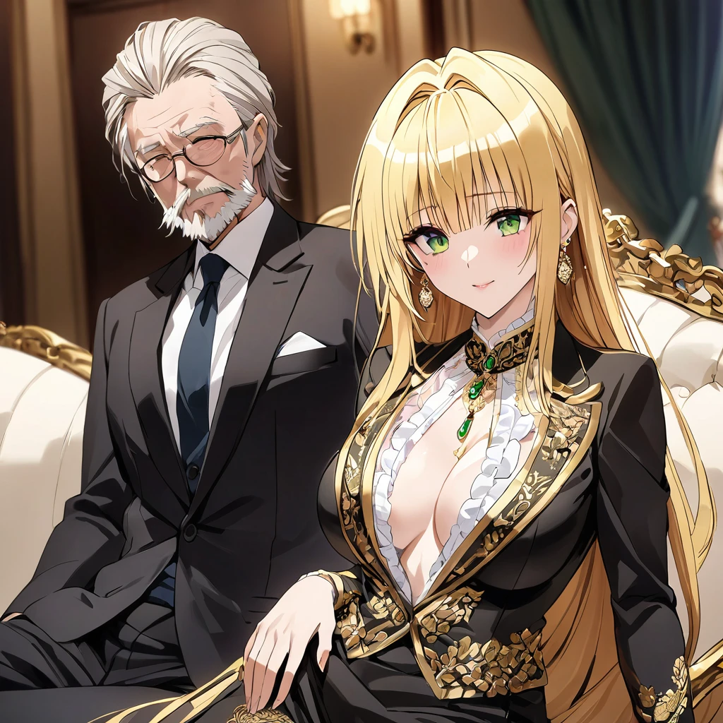 ((Highest quality)), ((masterpiece)), (detailed), （Perfect Face）、The woman is a thief with green eyes and medium-long blonde hair. She is wearing a luxurious black skirt-type suit with gold embroidery and trim, a luxurious and elegant white blouse with frills, jeweled earrings, and an engagement ring.、The woman is sitting close to the man on a luxurious sofa in a luxurious room.、The man is a dignified, bearded old man, extremely wealthy, wearing an expensive suit with lavish gold embroidery and trim, and wearing an engagement ring.