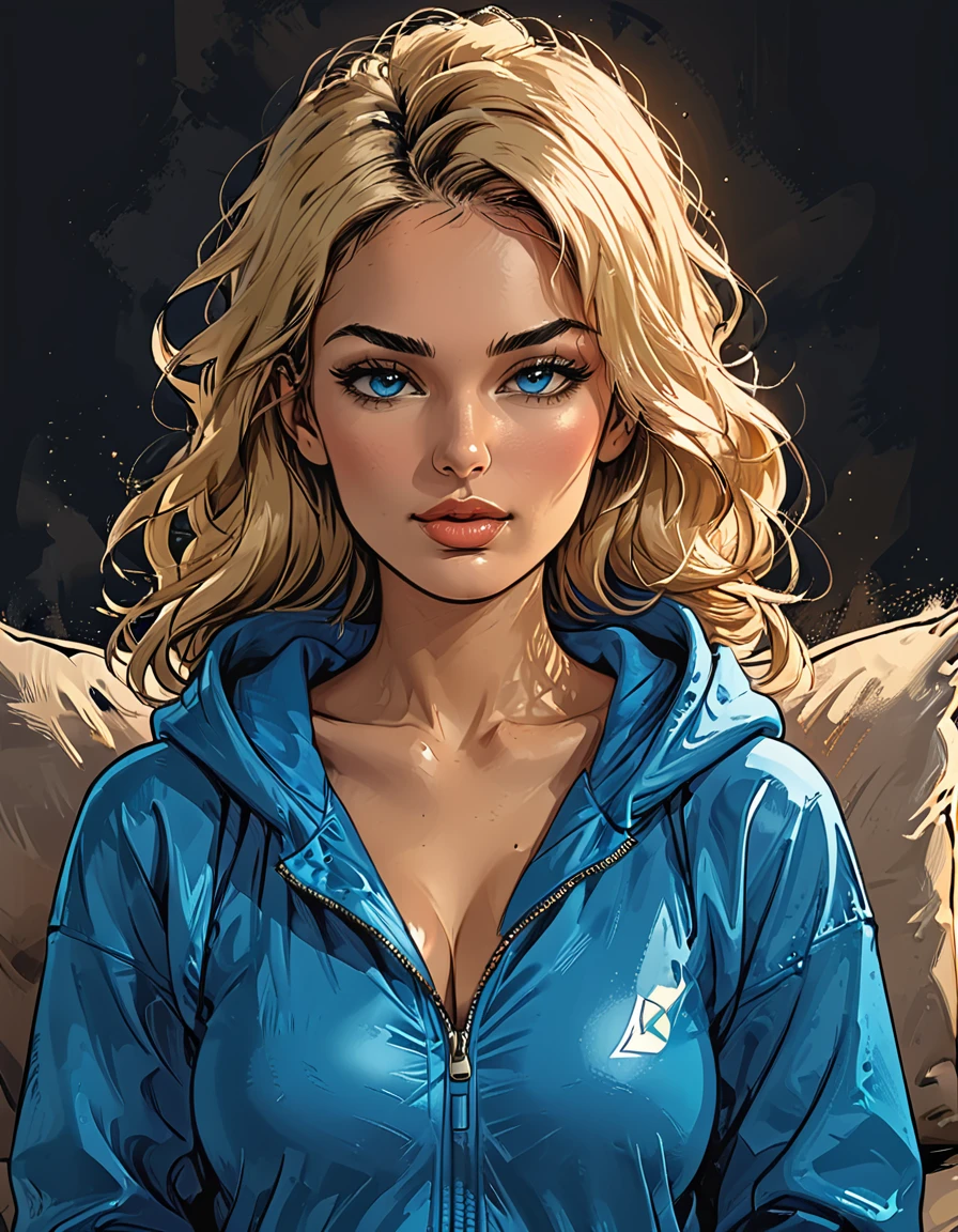 ((((glow blue eyes)))), girl lies with ((glow blue eyes closed)) in (Blue oversized hoodie) at sofa at dark green office, adult, [Nordic], Hourglass elongated fitness body, perfect Olive skin, Oval Face, Long neck, Rounded shoulders, perfect hand, Attached Pointed ears, round forehead, Short blonde Waves pixie hair, snub nose, Arched eyebrows, High Round Narrow cheekbones, Dimpled Cheeks, Rounded Chin, Rounded Jawline, Full nude Lips, Nude Makeup Look, long eyelashes, graphic style of novel comics, 2d, 8k, hyperrealism, masterpiece, high resolution, best quality, ultra-detailed, super realistic, Hyperrealistic art, high-quality, ultra high res, highest detailed, lot of details, Extremely high-resolution details, incredibly lifelike, colourful, soft cinematic light,