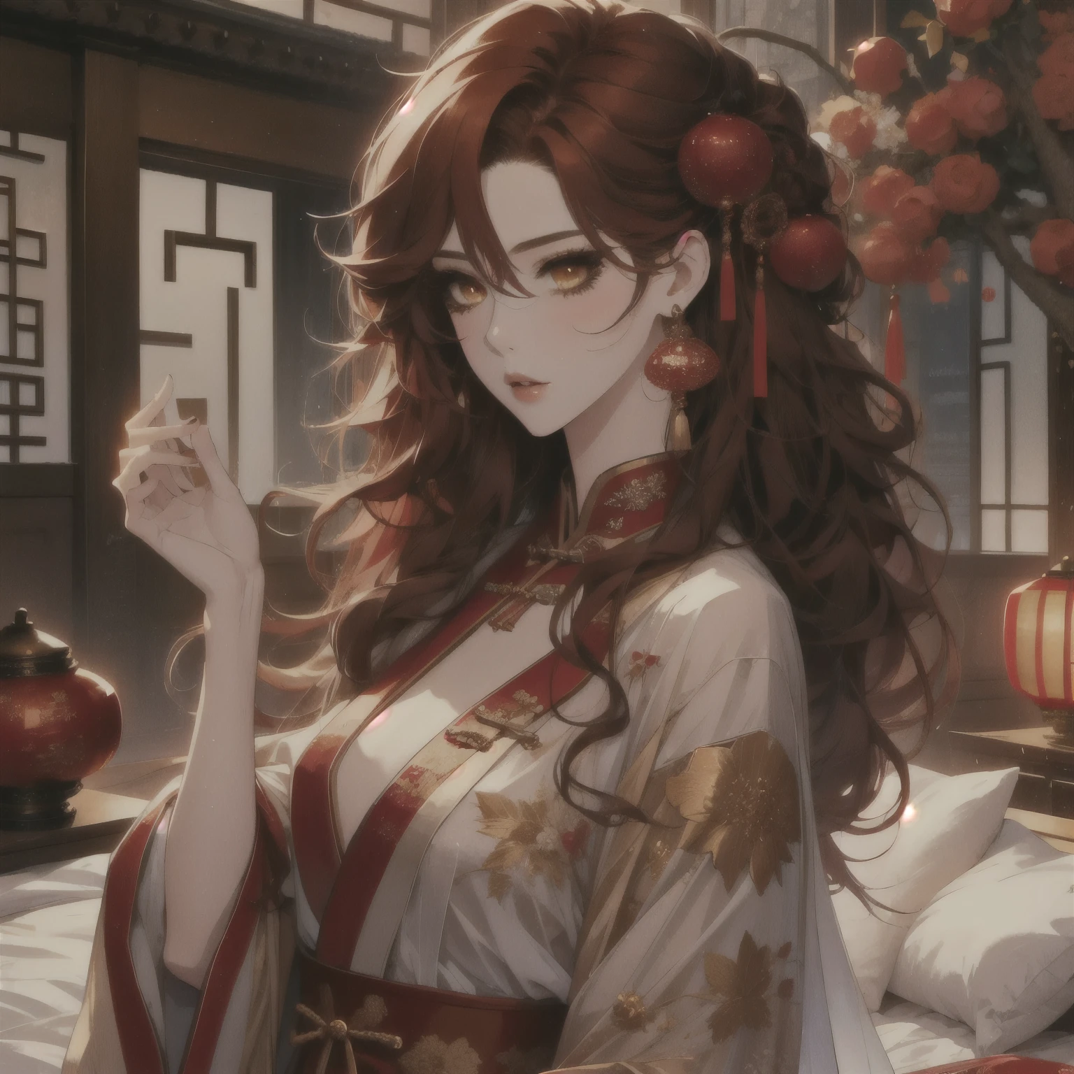 (masterpiece, best quality:1.2), 1women, xian mei, solo golden eyes, long red curly hair, jewellery, perfect anatomy, chinese traditional room, nudity, nude, sexy