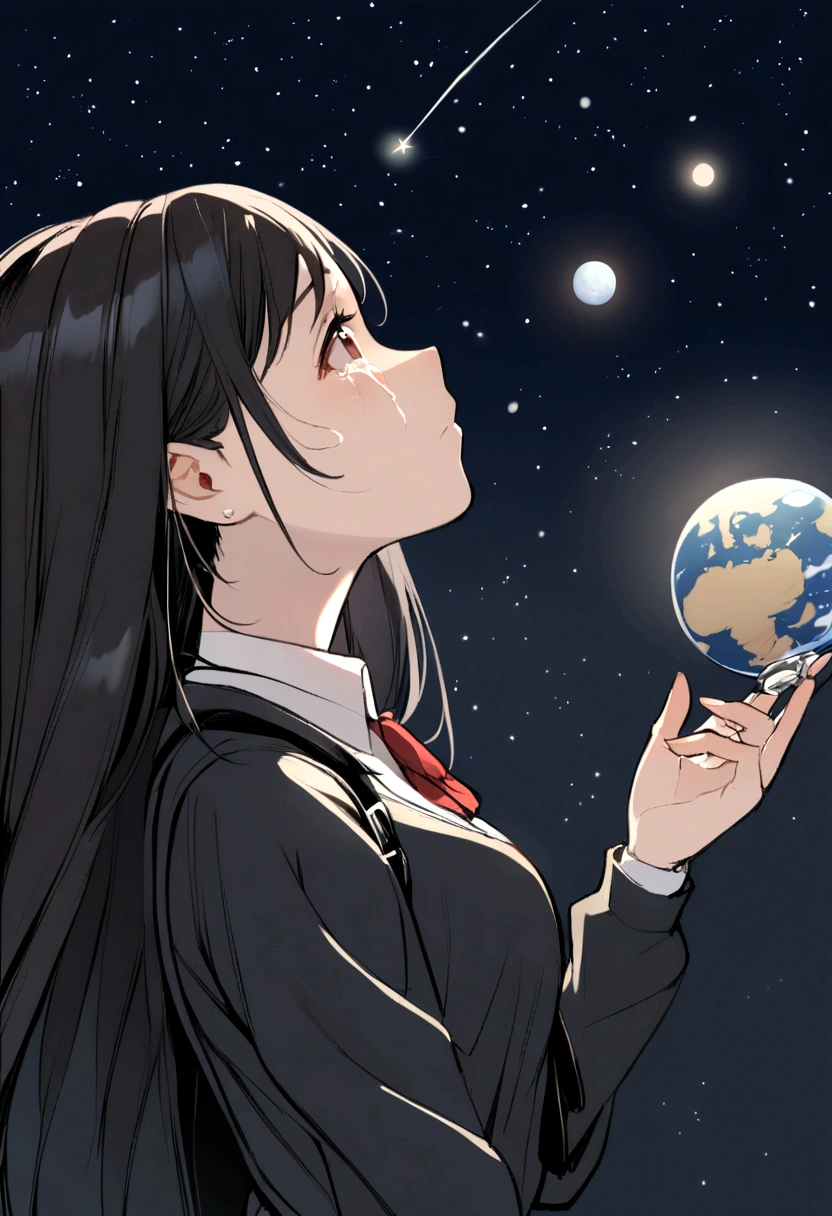 1girl, student uniform, black hair, young tifa lockhart, looking up at the night sky, crying but hopeful, wishing on a satellite