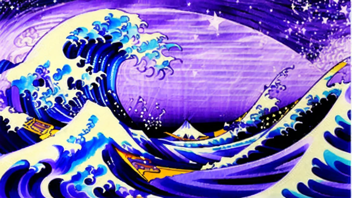 Create a psychedelic animation based on the work "A Grande Onda de Kanagawa". The wave must be in constant motion, with a smooth color gradient between blue and purple. Add stars shining and passing in the sky in the background. The wind breeze must be visible, showing a rough and constantly moving sea.