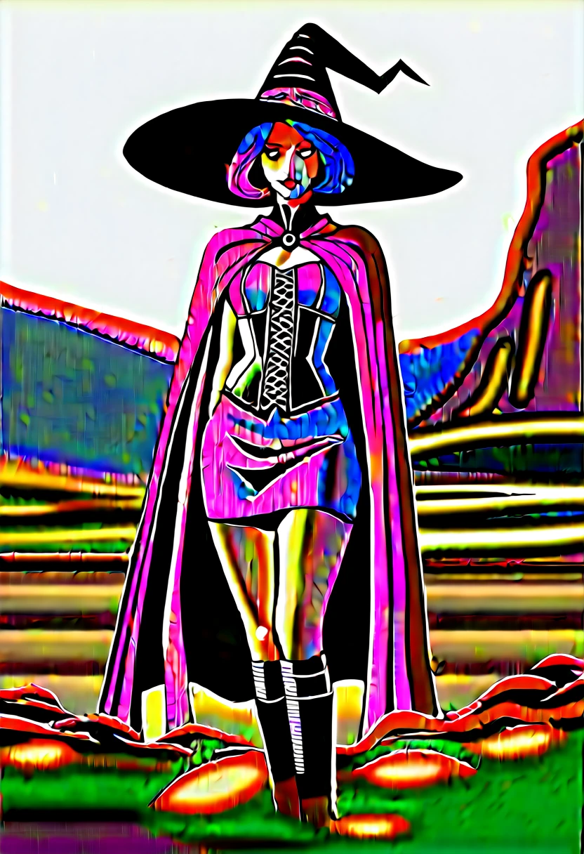 score_9, score_8_up, score_7_up, depth of field, looking at viewer. Beautiful 1woman. Mage. Magic circle. Flowing cloak, tunic, gloves, skirt, corset, boots. Highly detailed face, short hair, highly detailed red eyes. Curvy. Open field of flowers. Blurred background. Sunset. Natural light enhancing contours of her body... Sunrise. Sky is gradient blue and purple. Smile. . Clouds. Witch hat. Hand behind back