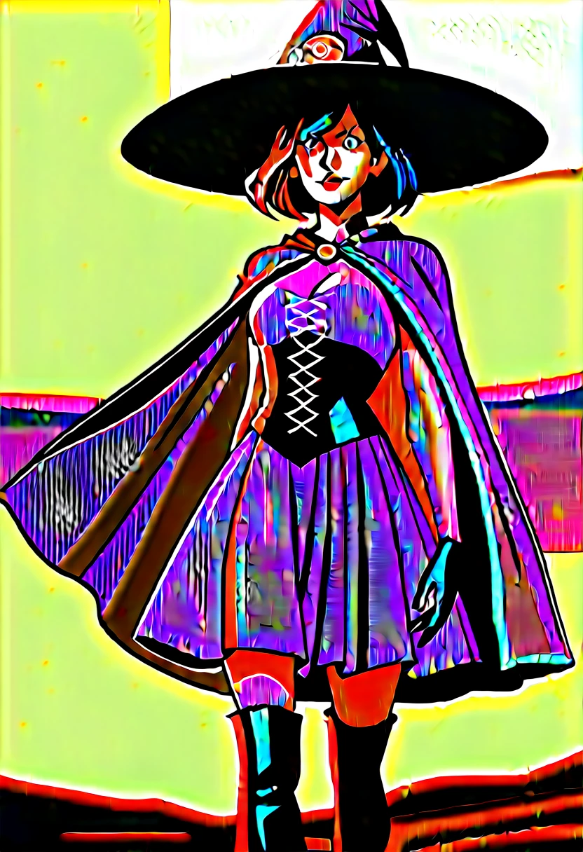 score_9, score_8_up, score_7_up, depth of field, looking at viewer. Beautiful 1woman. Mage. Magic circle. Flowing cloak, tunic, gloves, skirt, corset, boots. Highly detailed face, short hair, highly detailed red eyes. Curvy. Open field of flowers. Blurred background. Sunset. Natural light enhancing contours of her body... Sunrise. Sky is gradient blue and purple. Smile. . Clouds. Witch hat. Hand behind back