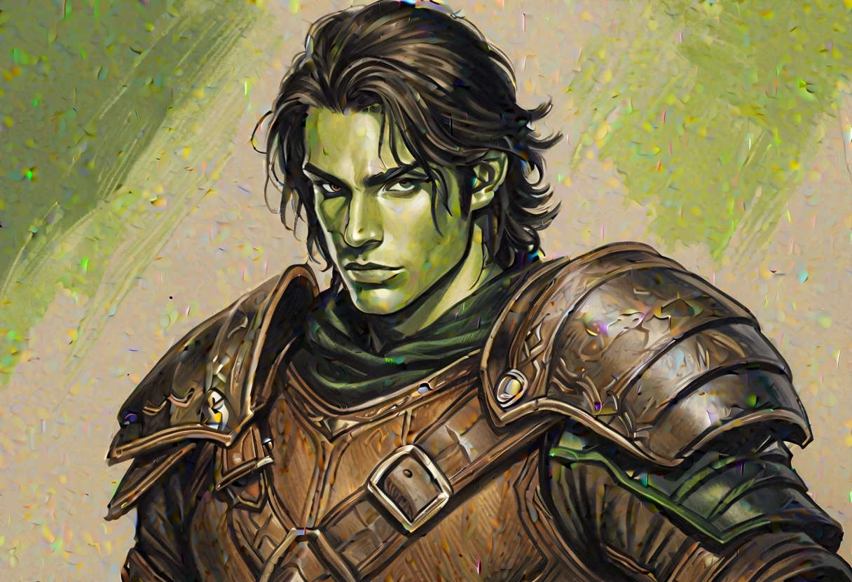 colored pencils, pictorial \(styled\), male rogue from the Elder Scrolls series, trunk, portraite, short dark hair, golden eye, Light green skin, brown leather armor, simple shoulder pad, Dynamic shading, oil on canvas, extremely detaild, light and dark colors,