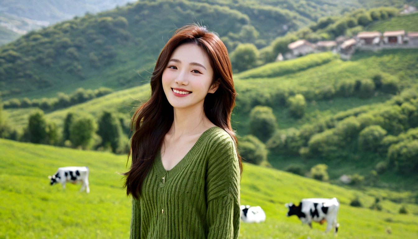 8k best picture quality, Beautiful 36-year-old Korean woman, I have good skin and clear and pretty eyes.. Chest size 34 inches, italian countryside village, The back background is realistic and vivid image quality, medium hair blowing in the wind, Wearing high-end luxury knitwear. casual pants, Smile, Short and slim Korean woman, Photo taken from a distance with a wide-angle lens, Cows graze on green meadows, 