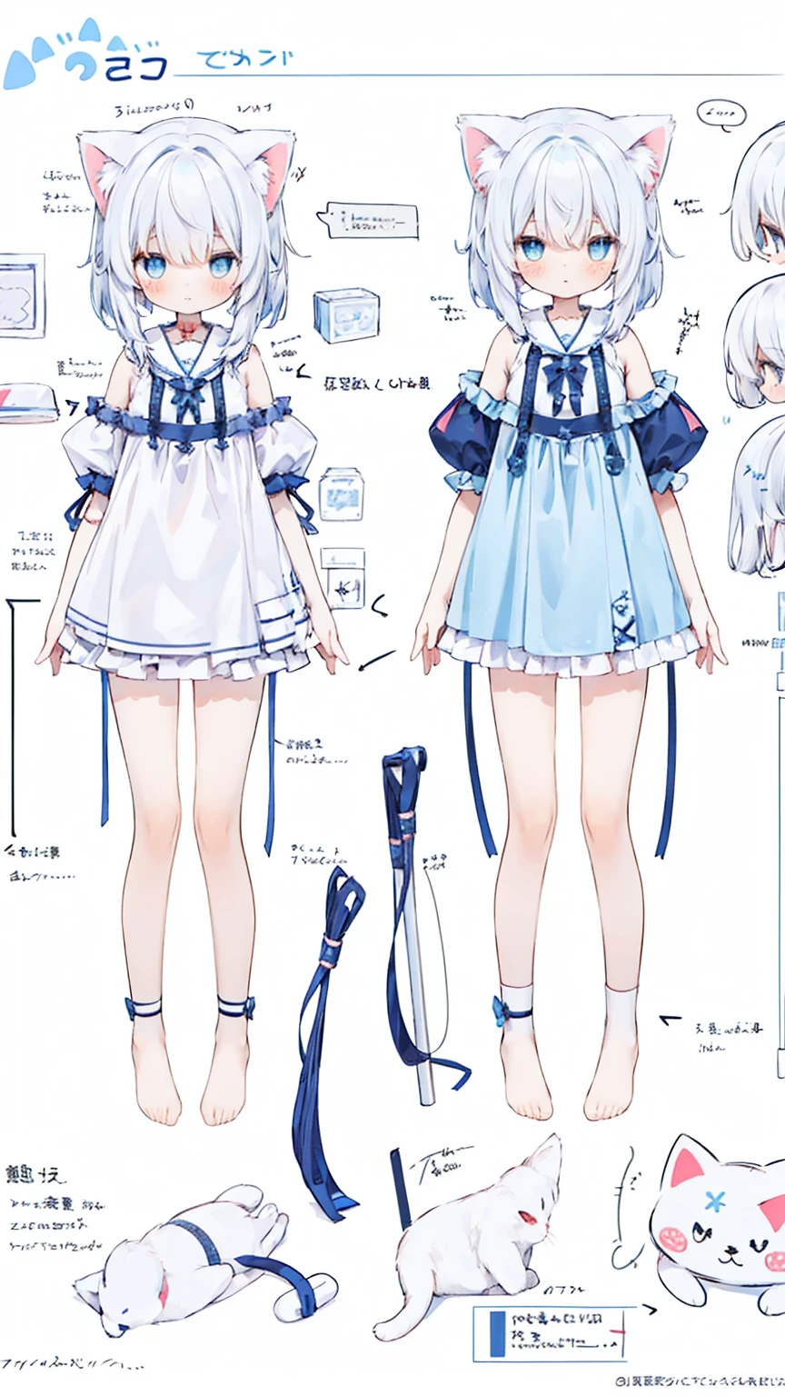 Full-body diagram,normal,1 very cute girl with cat ears,white hair,light blue eyes