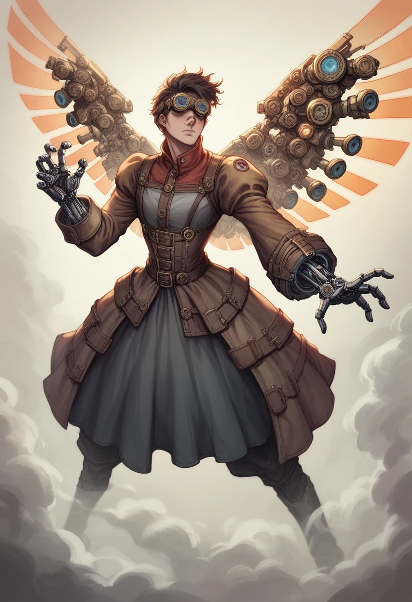 steampunk warrior, rogue character, fantasy art, detailed leather armor, mechanical enhancements, glowing gadgets, dark and gritty, cyberpunk influence, intricate gear, steam-powered weapons, clockwork accessories, smoky atmosphere, urban fantasy, futuristic goggles, rugged appearance, stealthy demeanor, mechanical limbs, cybernetic eye, dystopian backdrop, brass and copper elements, Victorian fashion, mysterious aura, intense expression, dynamic pose, shadowy environment, intricate machinery, high-tech gear, mechanical wings