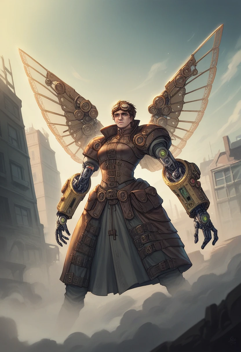 steampunk warrior, rogue character, fantasy art, detailed leather armor, mechanical enhancements, glowing gadgets, dark and gritty, cyberpunk influence, intricate gear, steam-powered weapons, clockwork accessories, smoky atmosphere, urban fantasy, futuristic goggles, rugged appearance, stealthy demeanor, mechanical limbs, cybernetic eye, dystopian backdrop, brass and copper elements, Victorian fashion, mysterious aura, intense expression, dynamic pose, shadowy environment, intricate machinery, high-tech gear, mechanical wings
