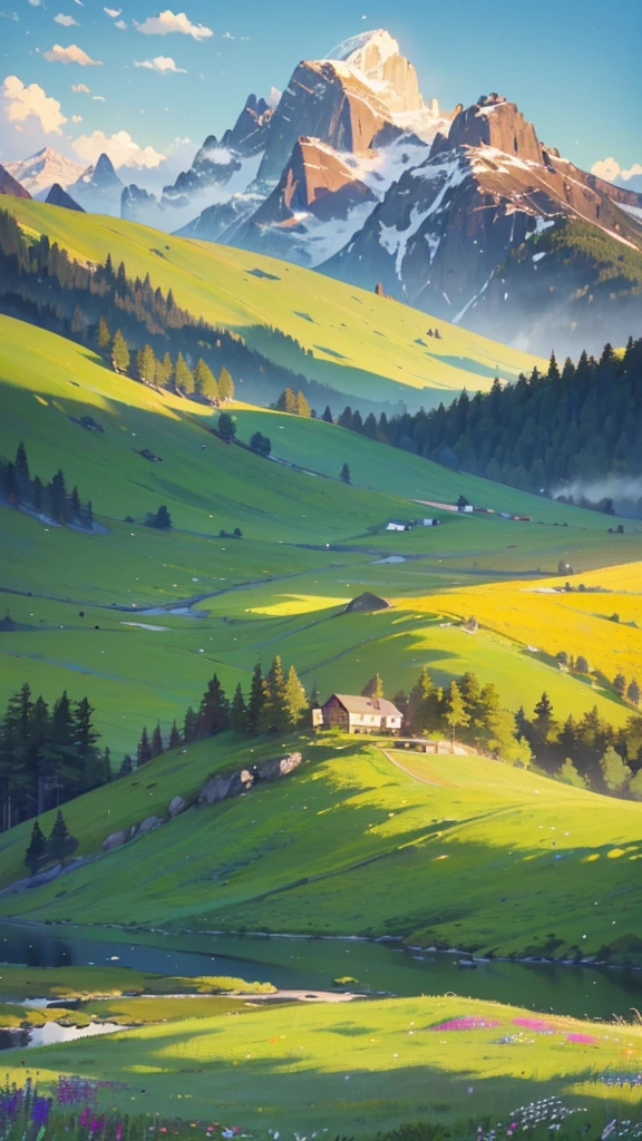 a breathtaking landscape, lush meadow, rolling hills, serene lake, majestic mountains, golden sunset, fluffy clouds, vibrant wildflowers, detailed foliage, natural lighting, photorealistic, cinematic composition, rich color palette, dramatic shadows and highlights, (best quality,4k,8k,highres,masterpiece:1.2),ultra-detailed,(realistic,photorealistic,photo-realistic:1.37),landscape