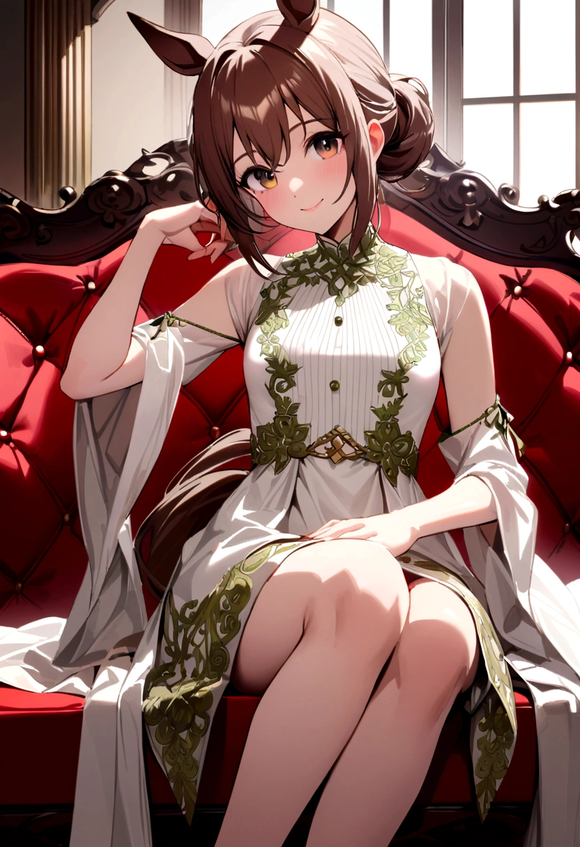 (((Horse Girl))), (((Fine Motion))), Thighs, sitting on a luxurious red sofa, (((Panties are slightly visible))), smile, Dress like a young lady, (((Sexy panties with green embroidery))), High resolution,