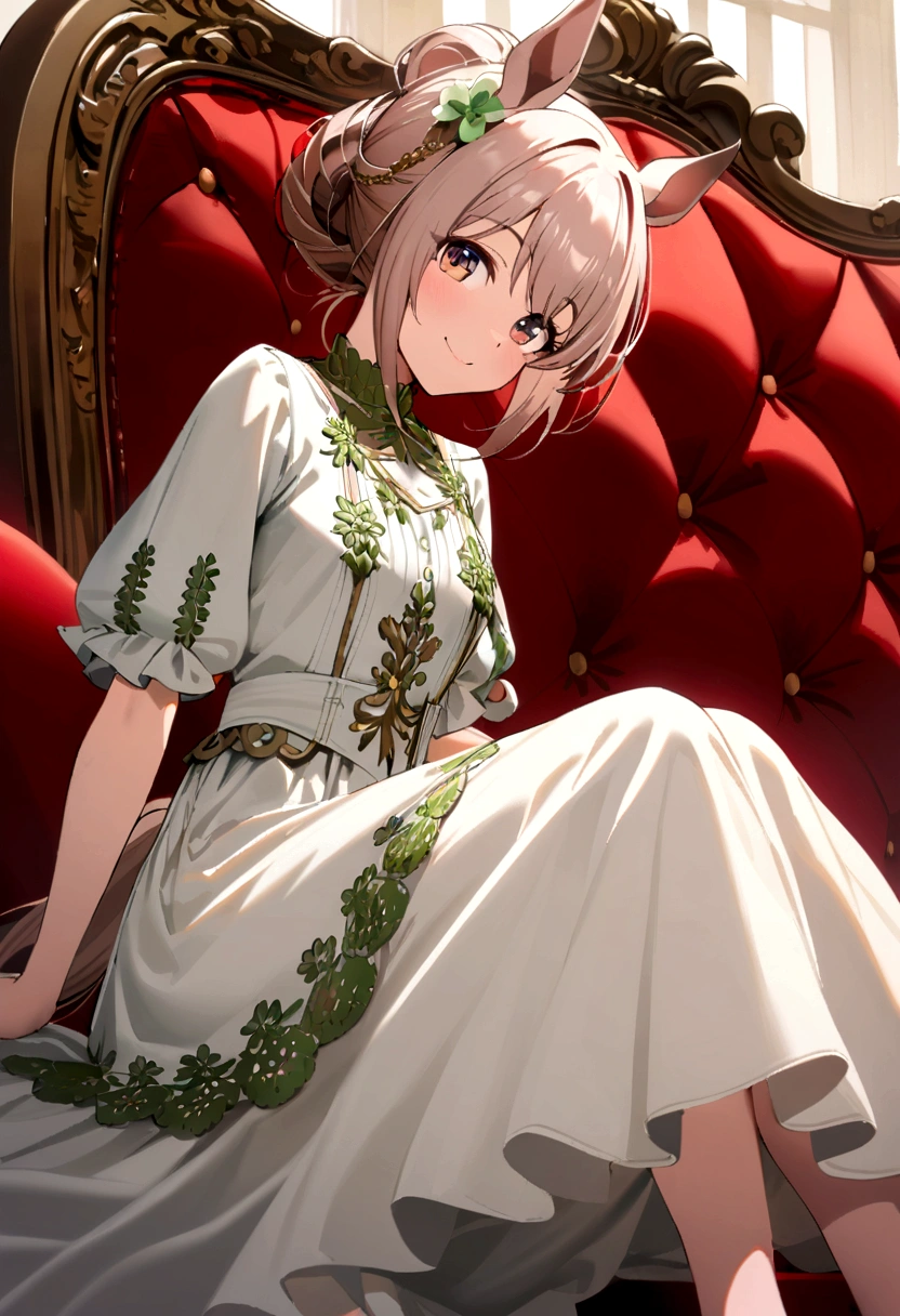 (((Horse Girl))), (((Fine Motion))), sitting on a luxurious red sofa, smile, A young lady-like outfit with white as the base and green embroidery, , High resolution,