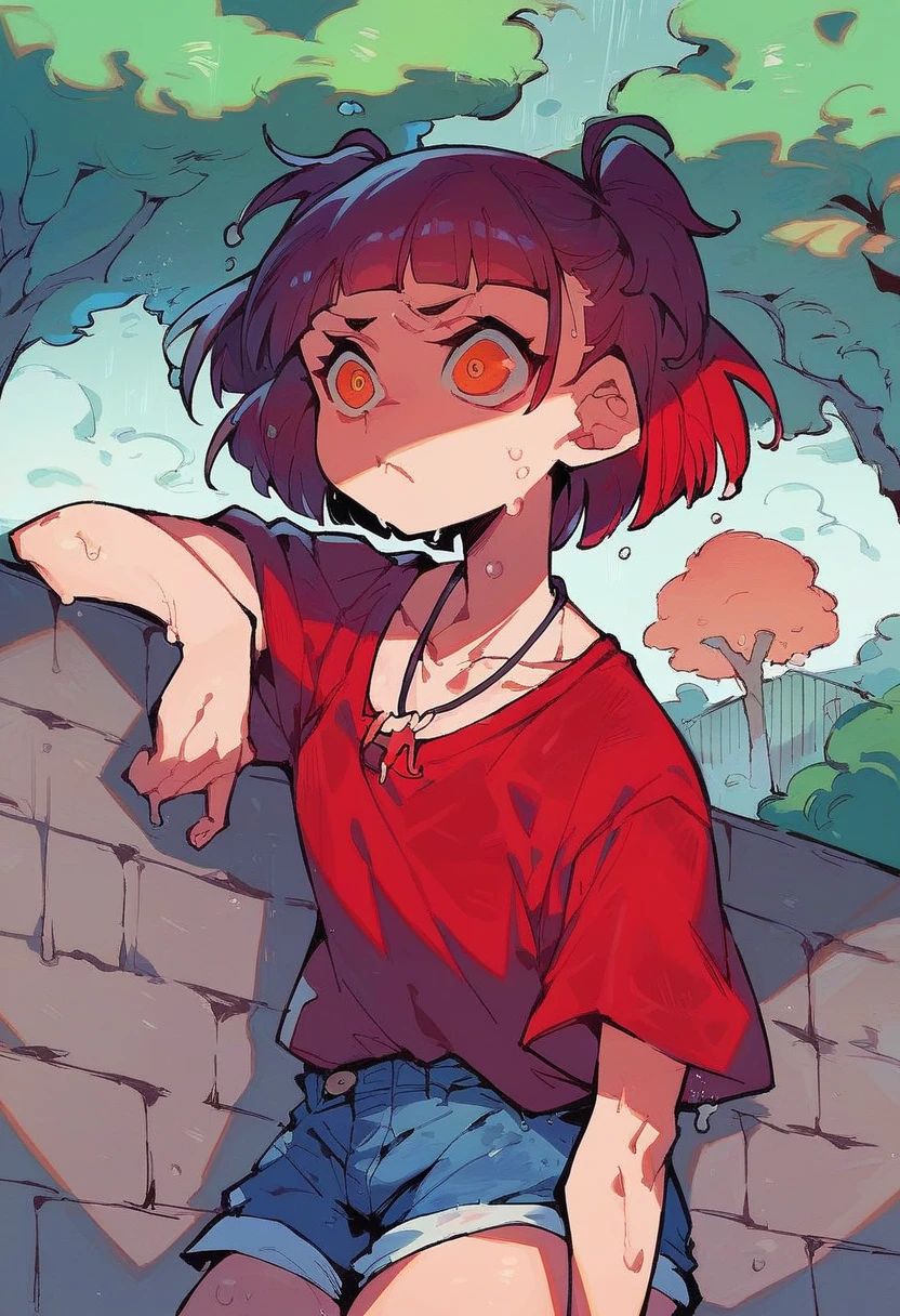 score_9, score_8_up, score_7_up,expressive eyes,1 girl, bob cut,blunt bangs,white and red hair,orange eye, swirly eyes,necklace,two side up,red shirt, loose shirt, denim shorts,in park, closed mouth, :t, pout, mad ,thunderstorm,wet