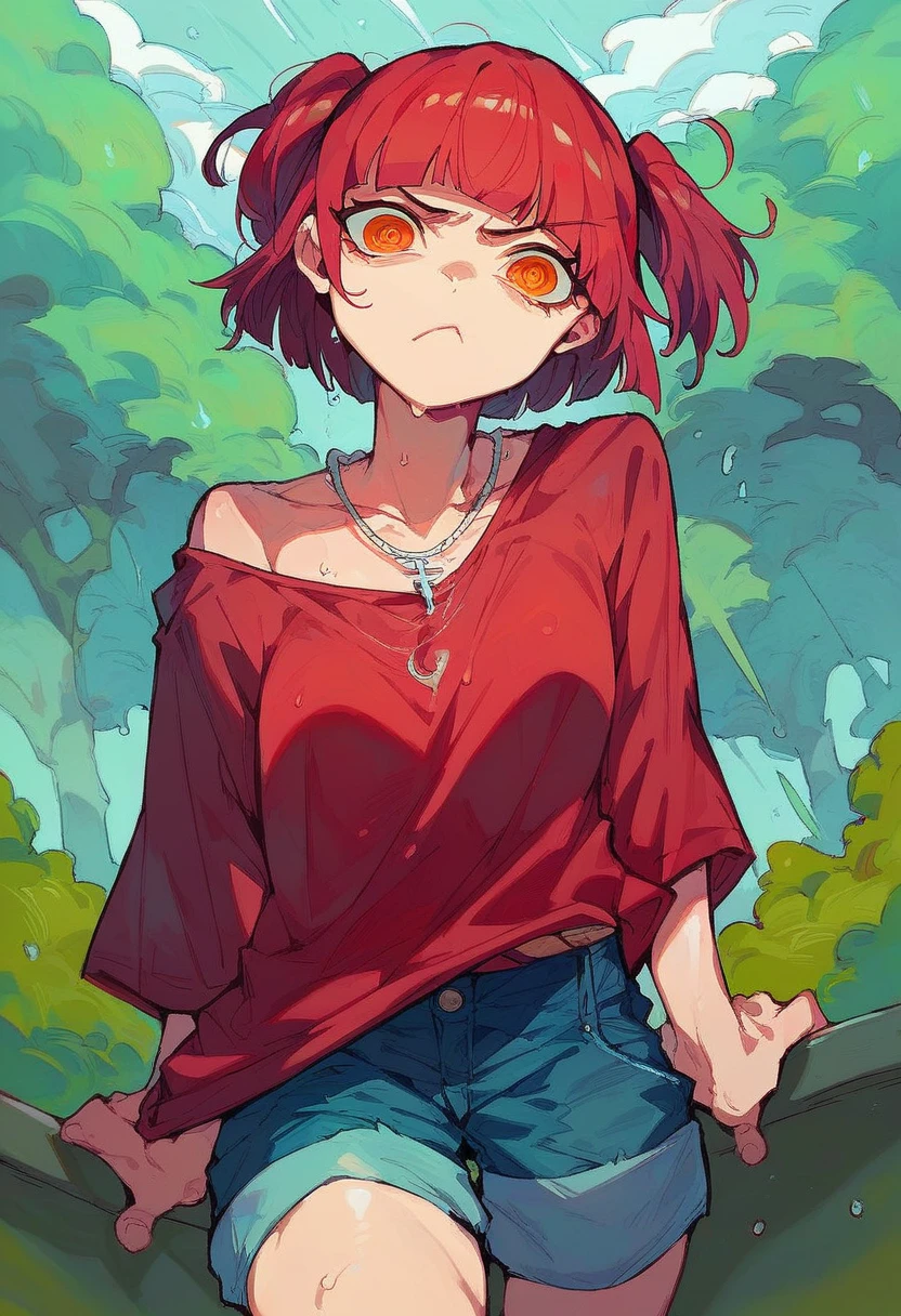 score_9, score_8_up, score_7_up,expressive eyes,1 girl, bob cut,blunt bangs,white and red hair,orange eye, swirly eyes,necklace,two side up,red shirt, loose shirt, denim shorts,in park, closed mouth, :t, pout, mad ,thunderstorm,wet